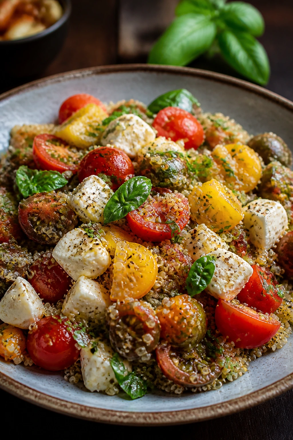 Colorful Caprese quinoa bowl with heirloom tomatoes and basil