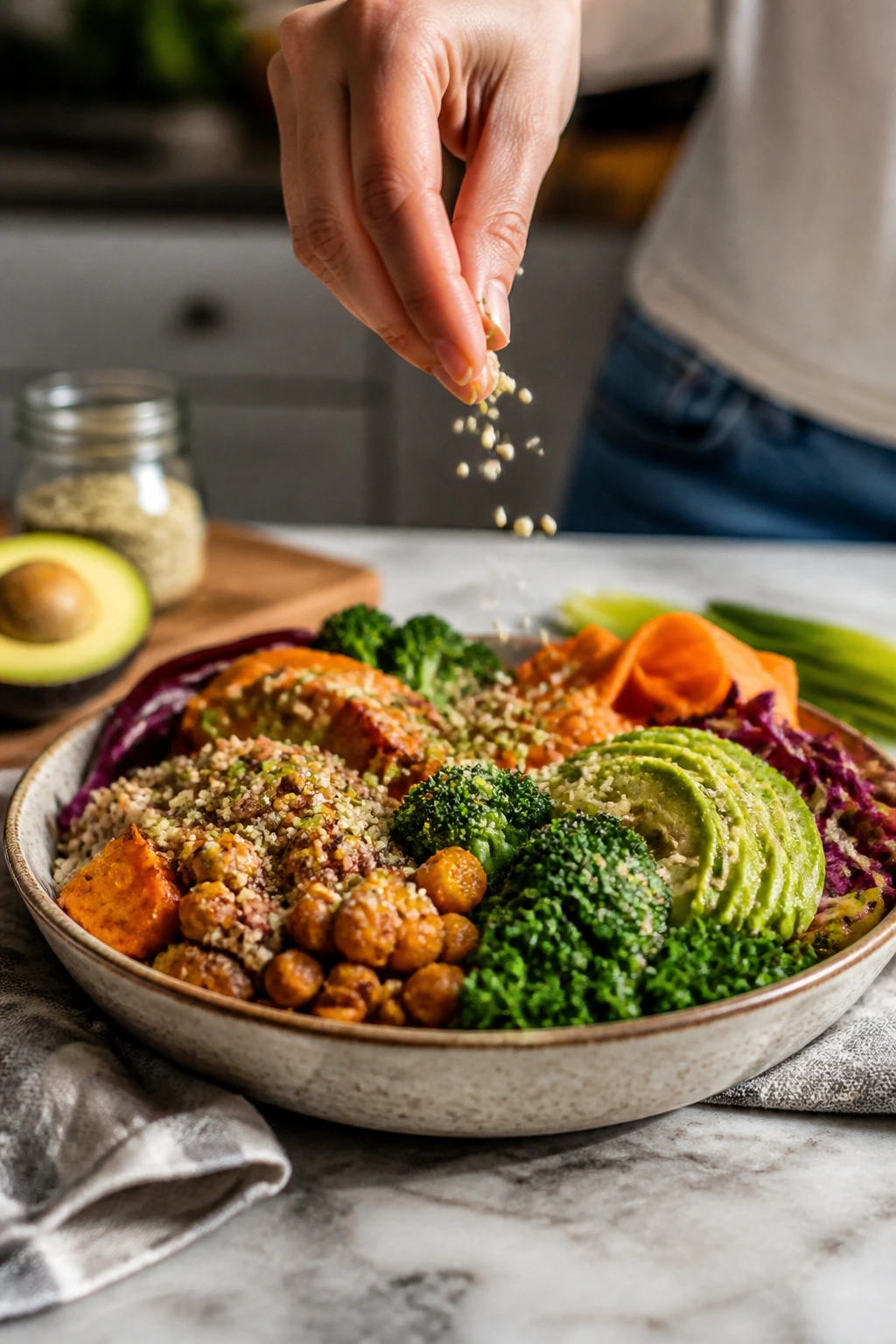 Hand sprinkling hemp seeds onto a colorful grain bowl