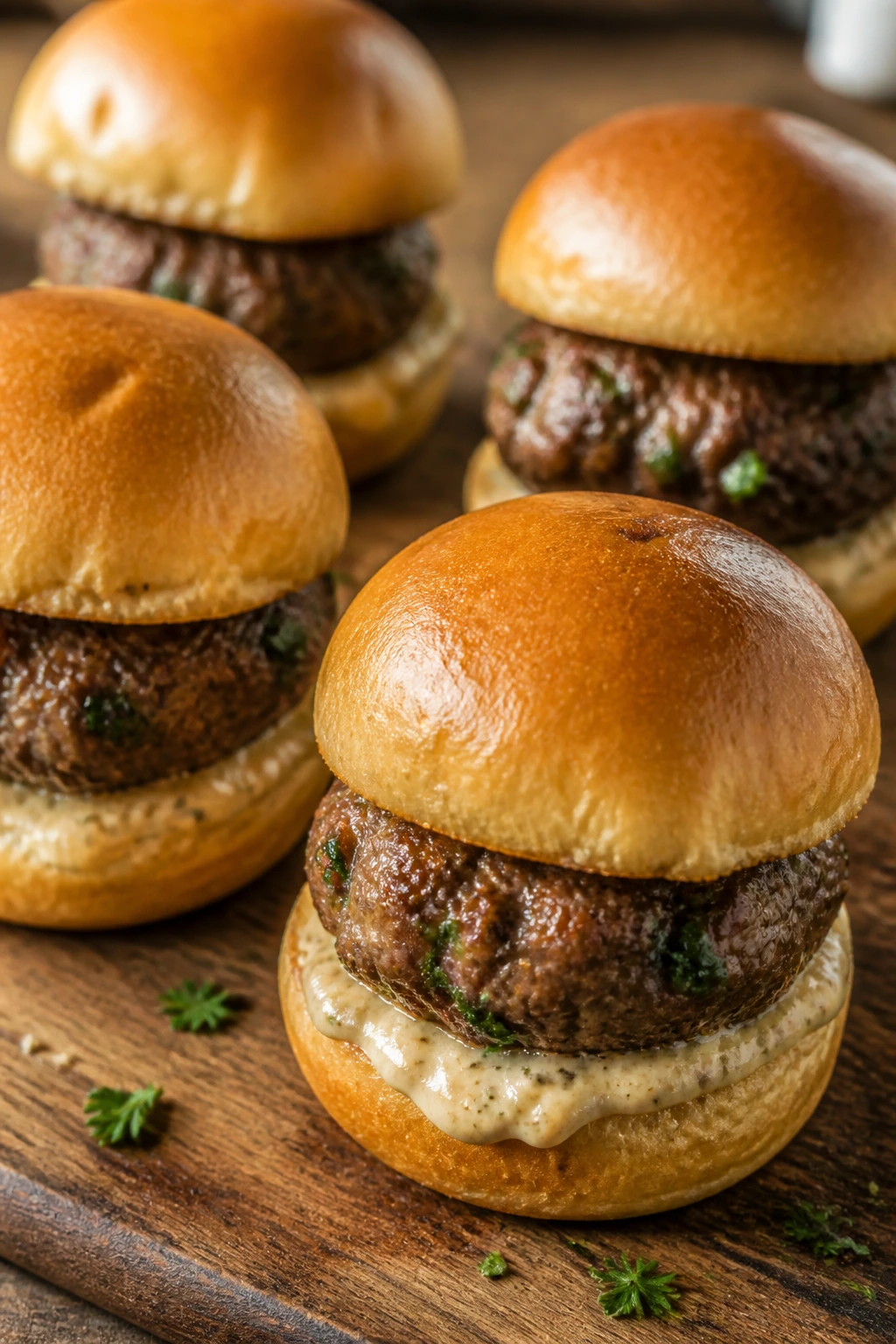 Close-up of herb beef sliders on a wooden board