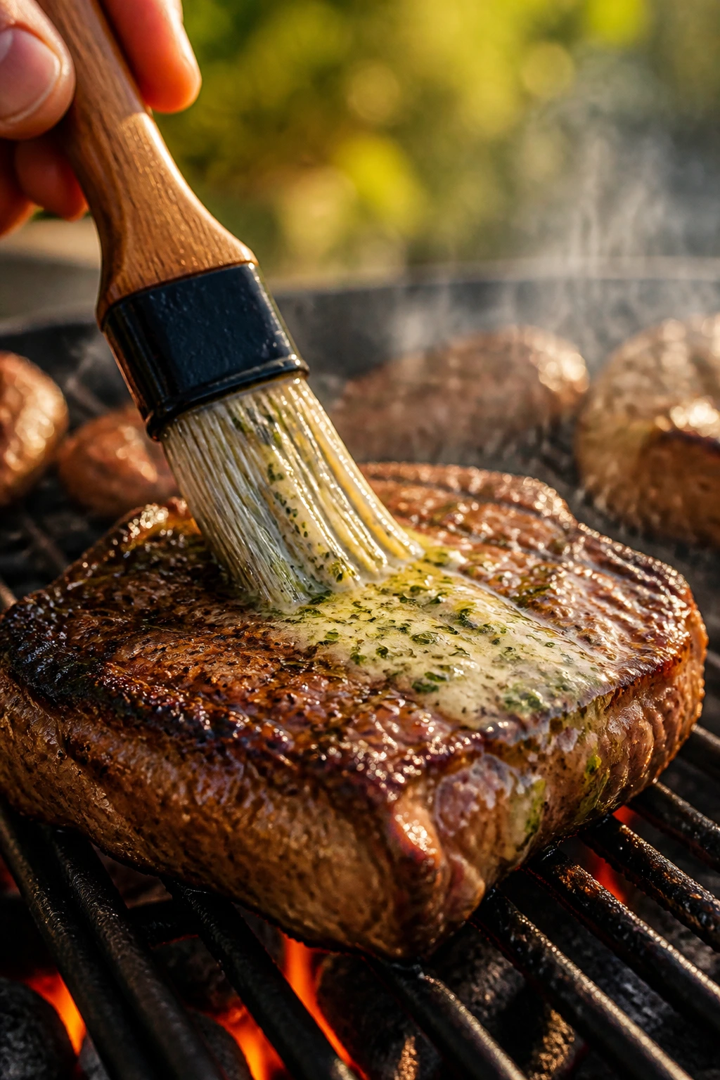 Hand applying herb butter to crusted steak on grill outdoors