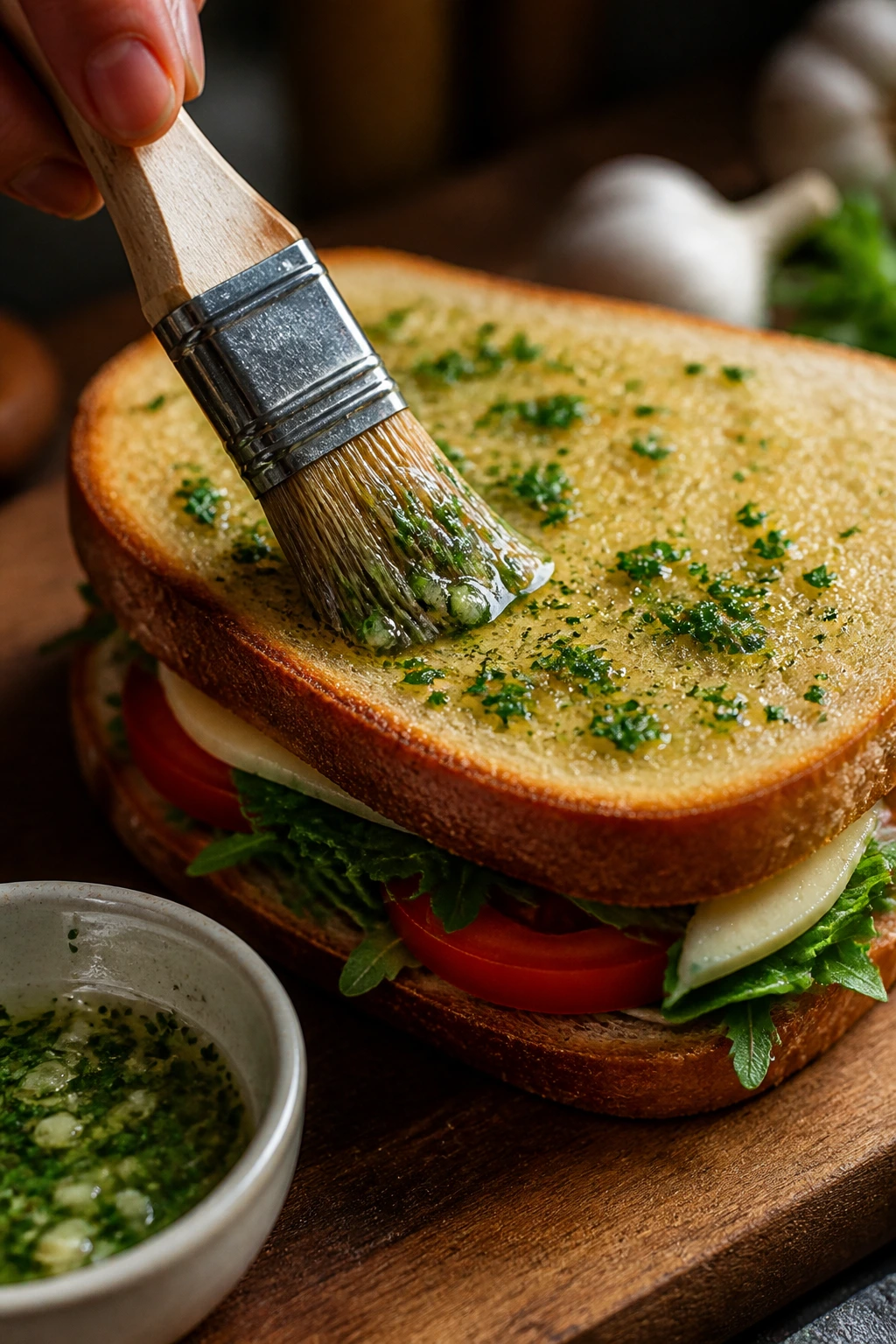 Hand brushing herb butter onto a sandwich in a kitchen