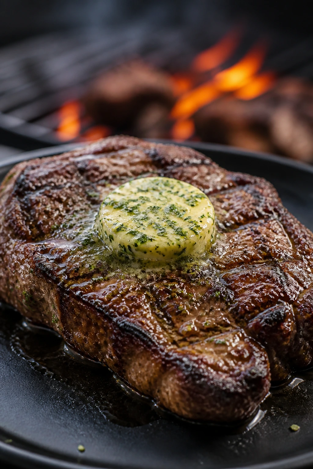 Steak topped with melting herb butter on a dark plate