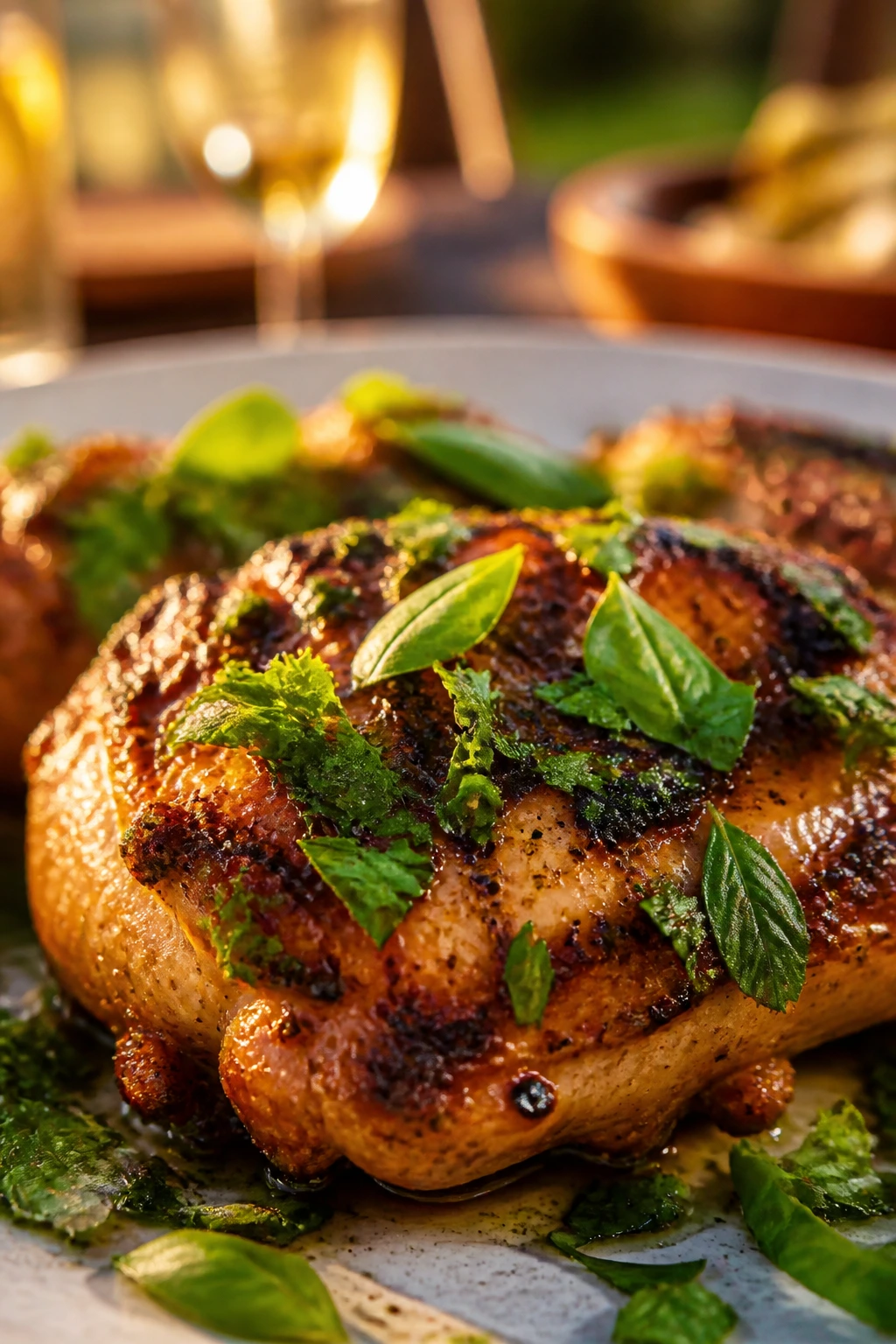 Herb-finished chicken thigh with parsley and basil on a plate