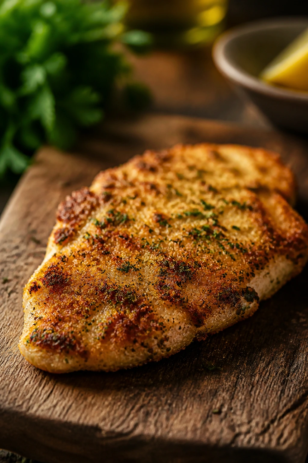 Herb-crusted turkey cutlet on wooden board