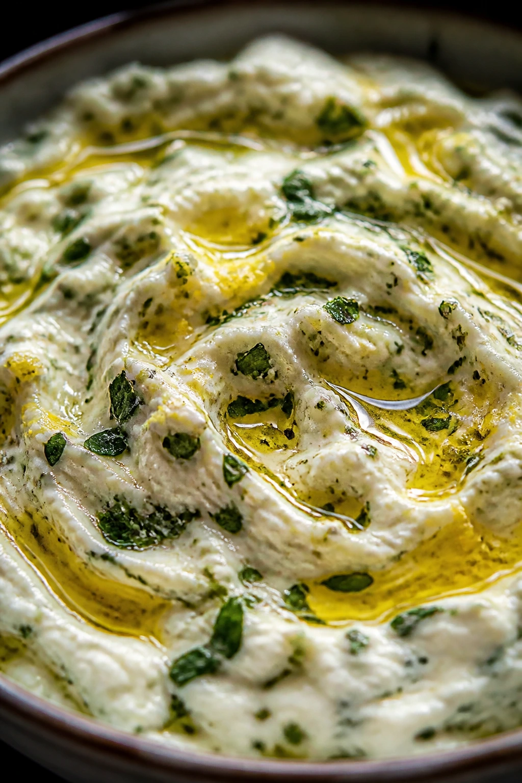 Dip close-up showing herb flecks and lemon zest variations