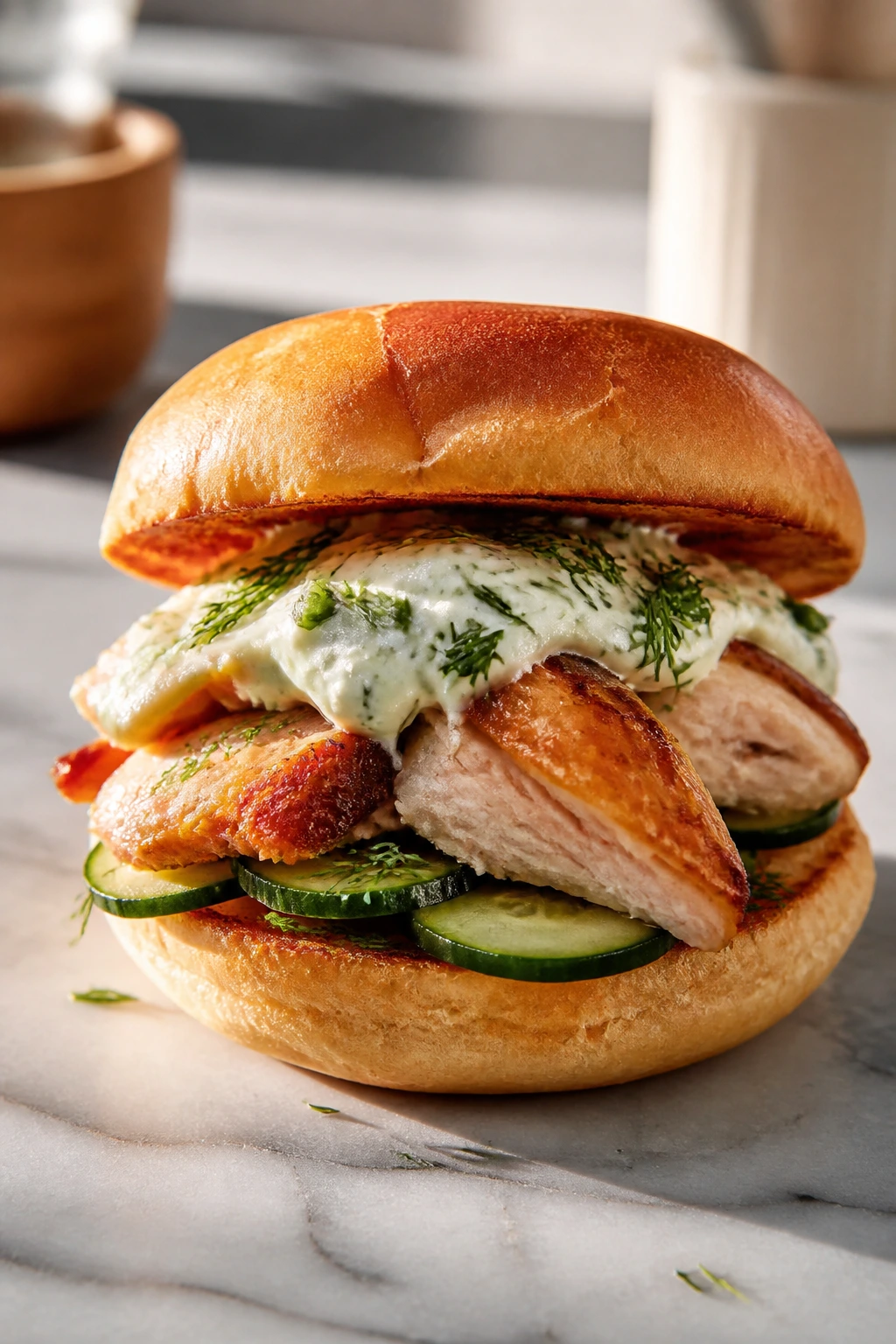Herb-forward roasted chicken sandwich with dill, chives and cucumber