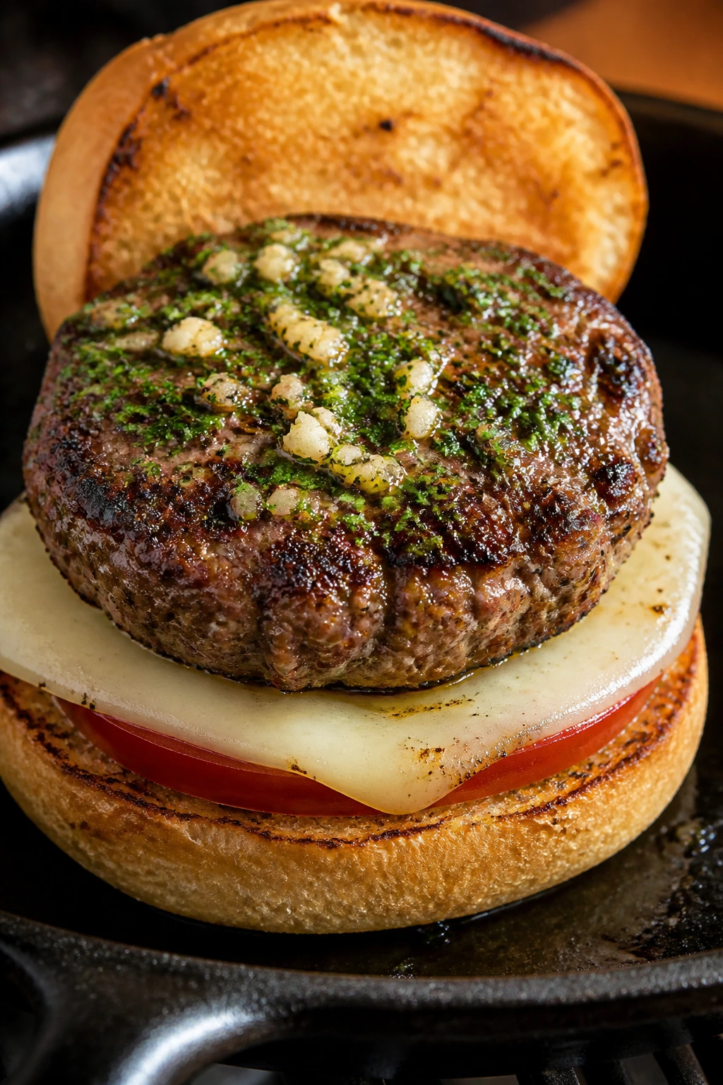 Beef patty with garlic parsley and buttered bun with provolone