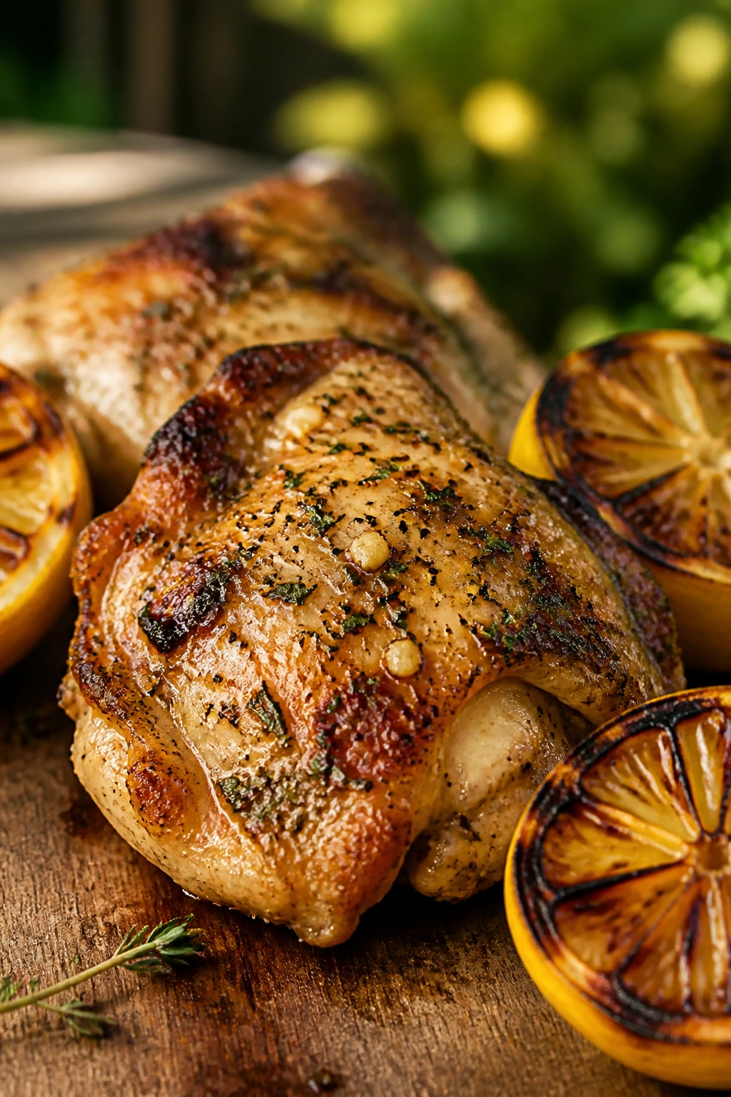 Herb-garlic chicken thigh with charred lemon halves on a wooden board