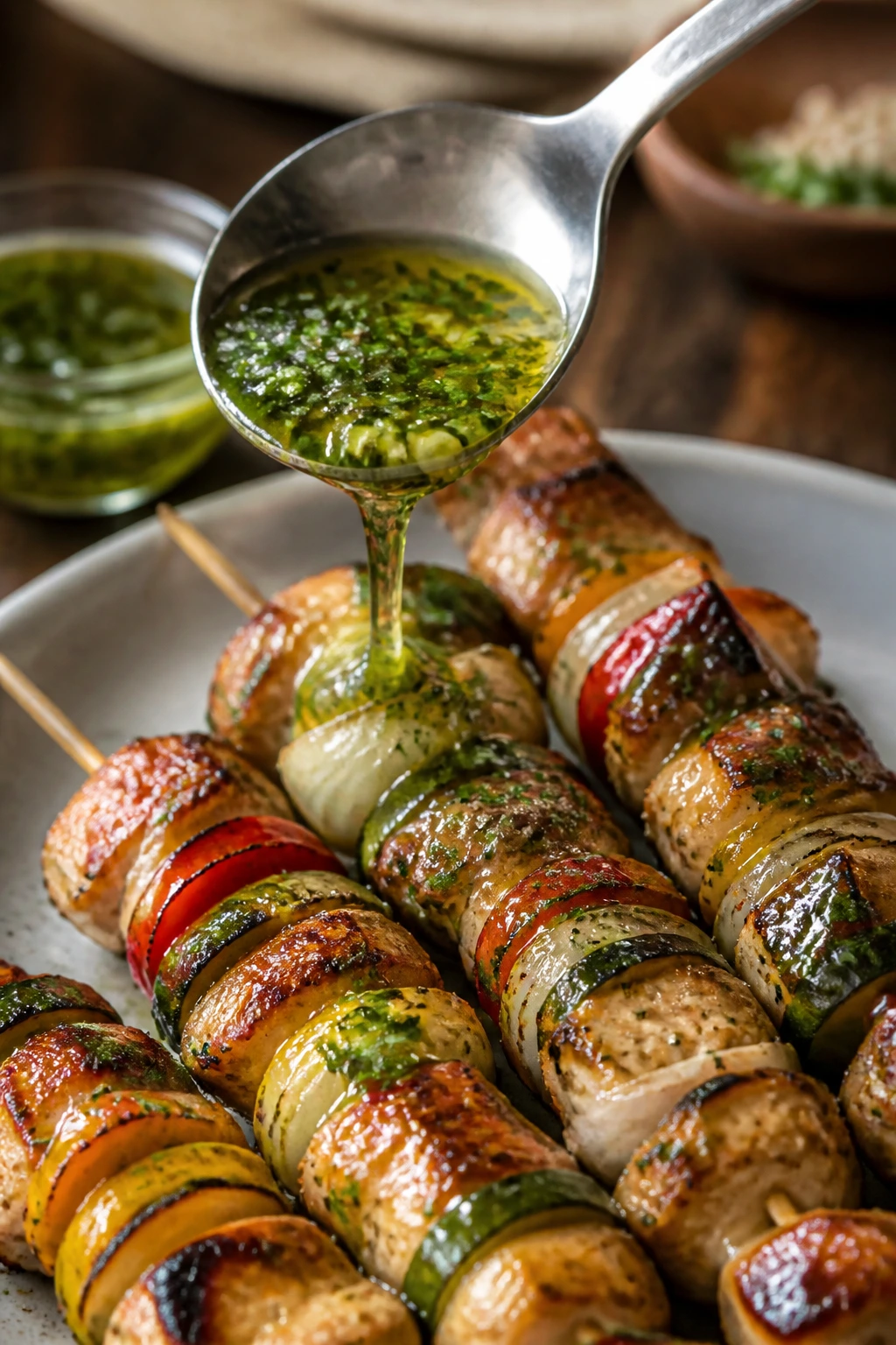 Drizzle of herb oil over grilled skewers