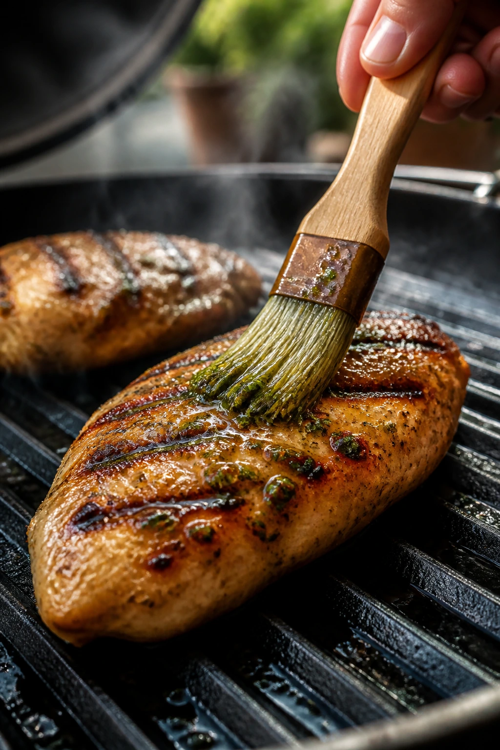 Hand applying herb oil to grilled chicken for flavor