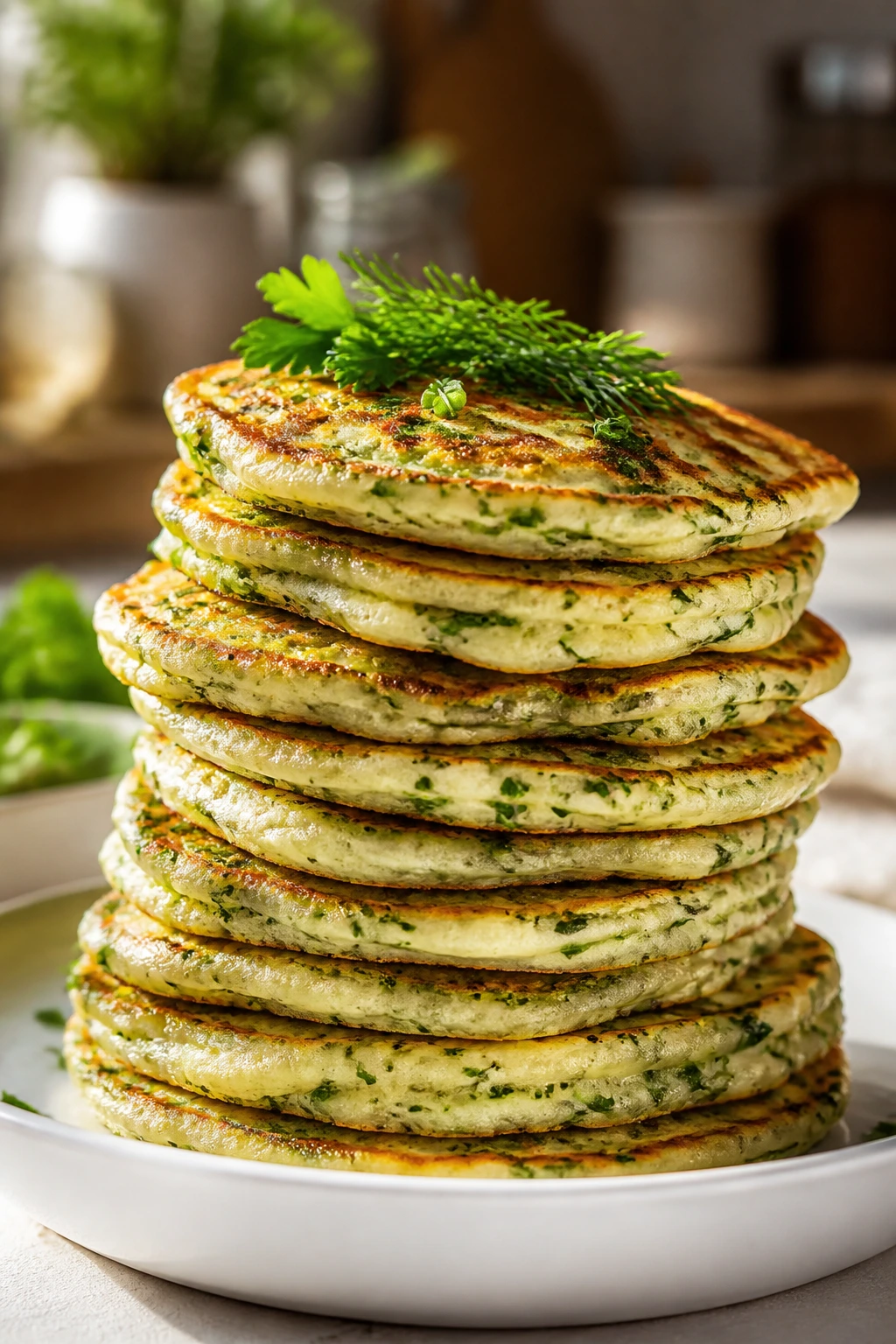 Close-up of herb-infused pancakes with parsley dill chives