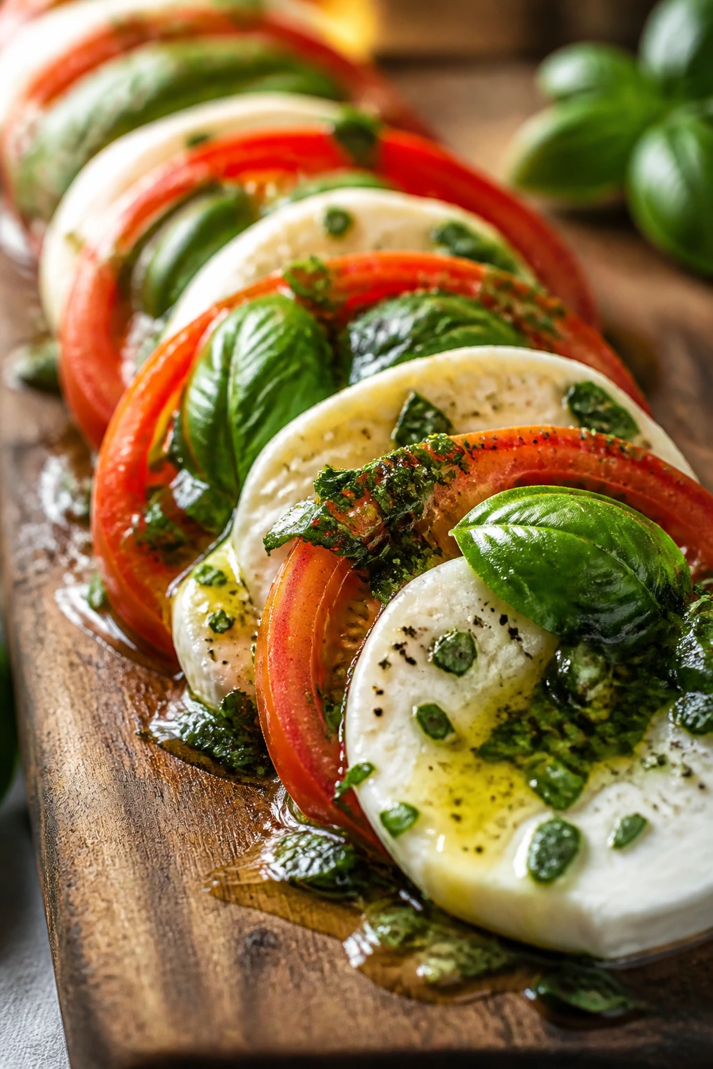 Close up of Herbed Caprese Appetizer with tomato mozzarella and basil on a wooden board