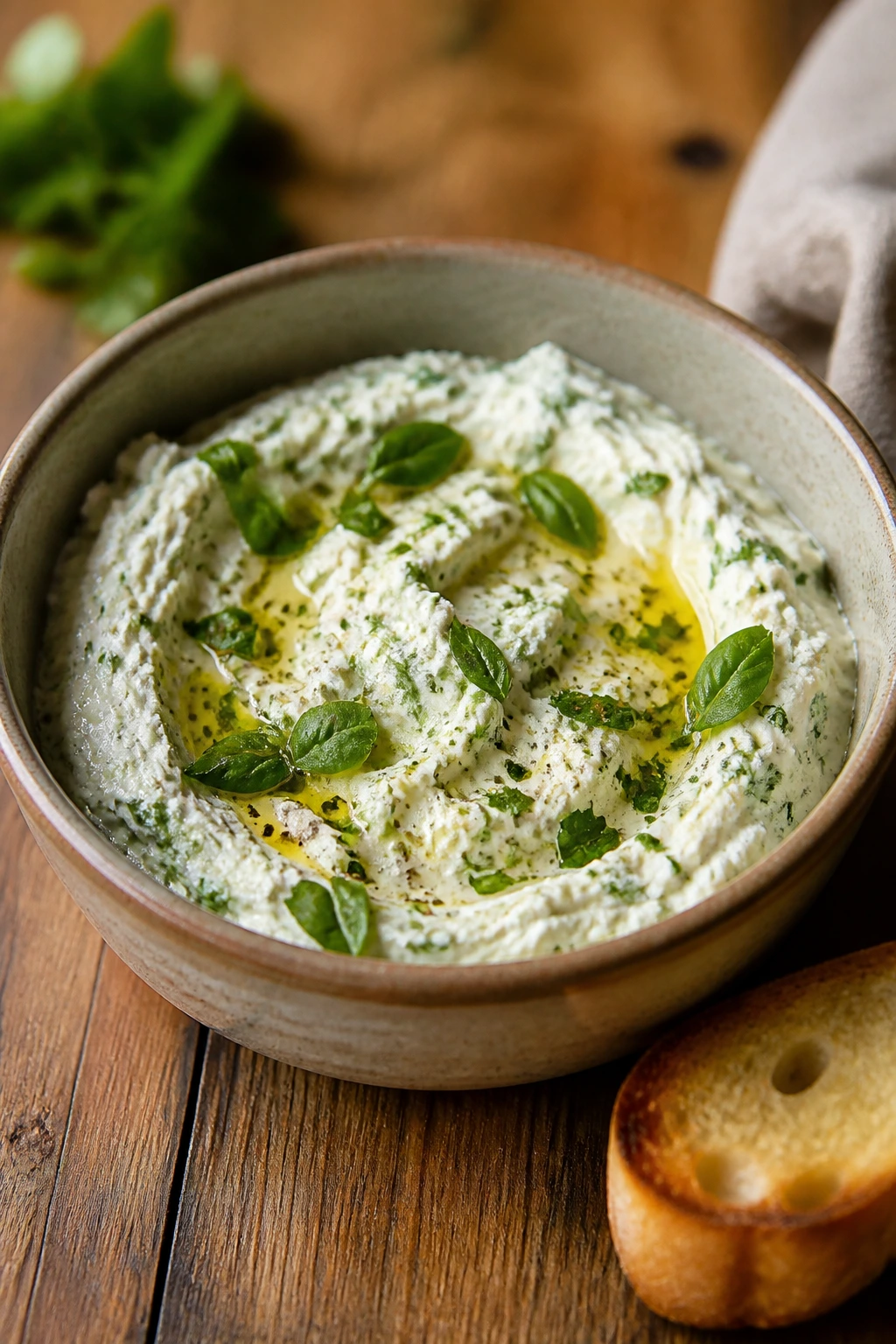 Close-up of creamy herbed Italian dip in rustic bowl with herbs and olive oil