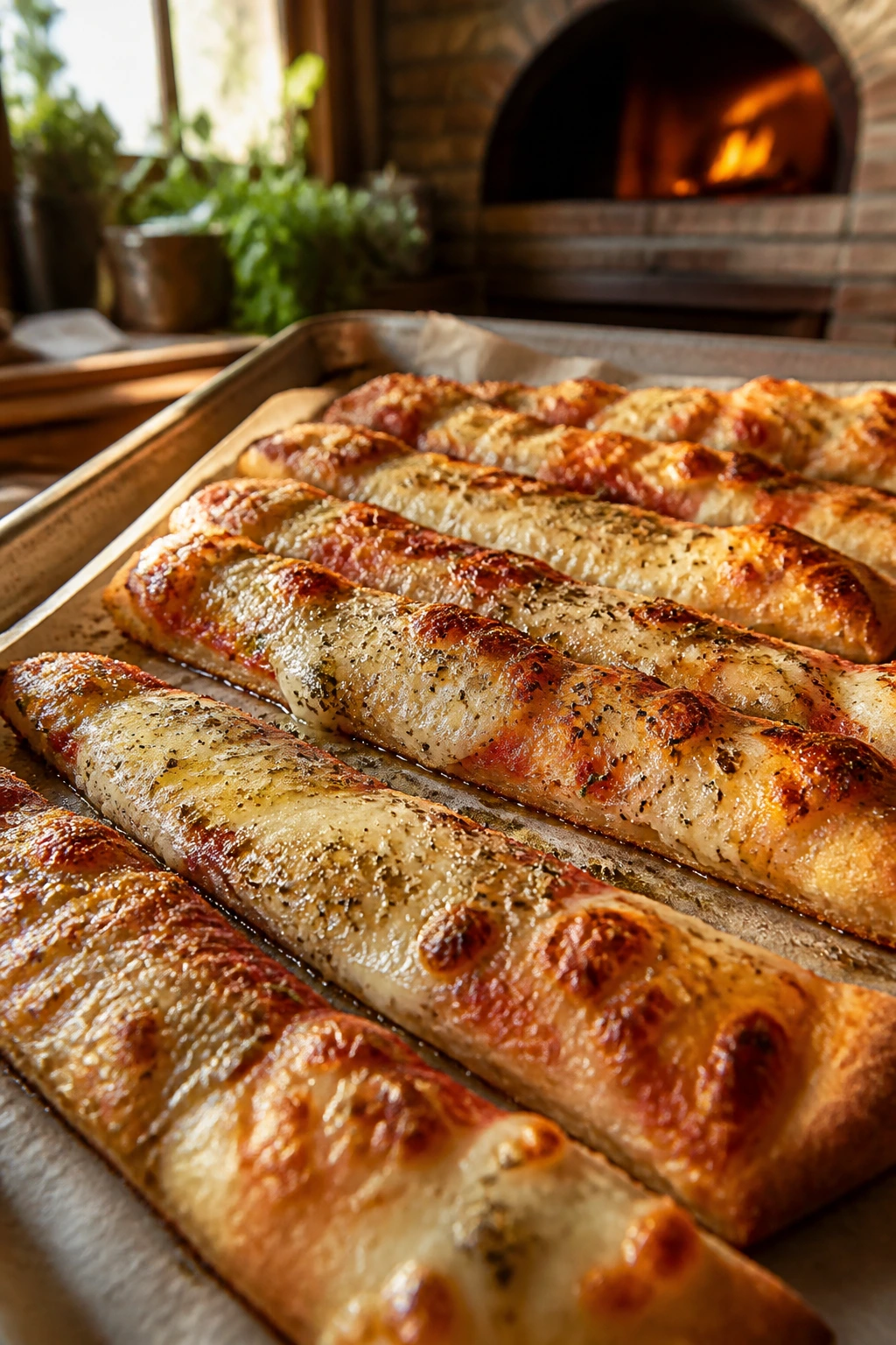 Close-up of herbed pizza dippers on parchment-lined pan in warm kitchen