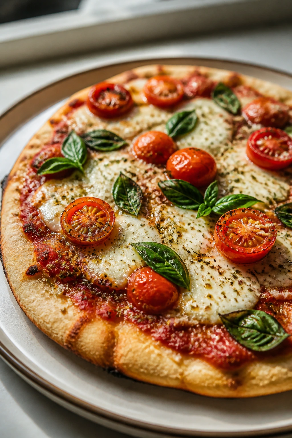 Finished herbed naan pizza on a plate with basil and cherry tomatoes