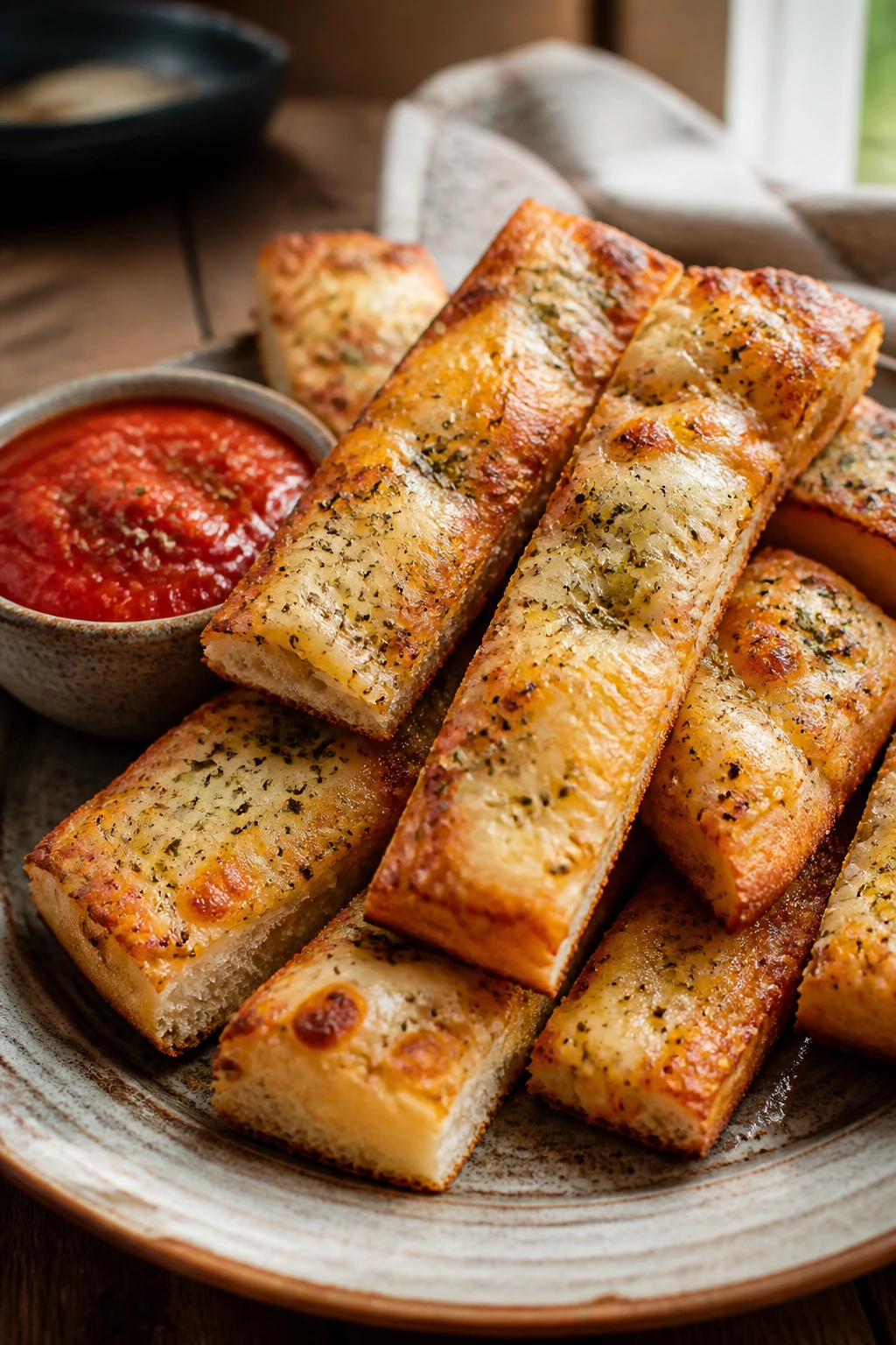 Close-up of herbed pizza dippers on a rustic plate, ready to dip