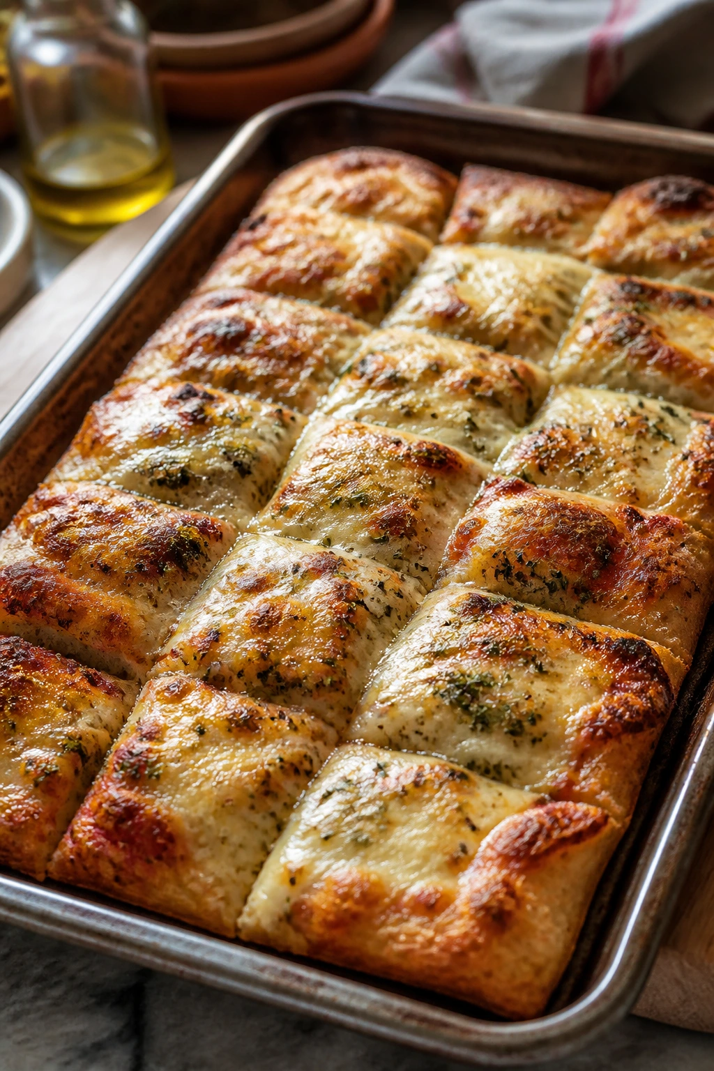 Rustic tray of golden herbed pizza dippers ready to dip