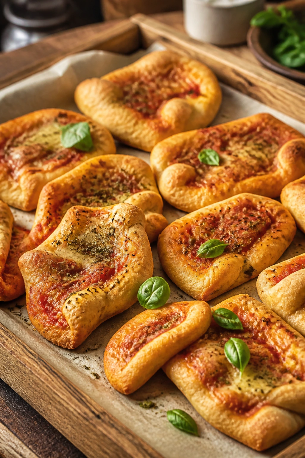 Close-up of irregular herbed pizza shapes on a rustic tray with olive oil and herbs