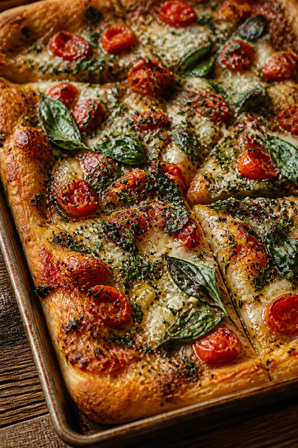 Herbed sheet-pan pizza on a rustic table