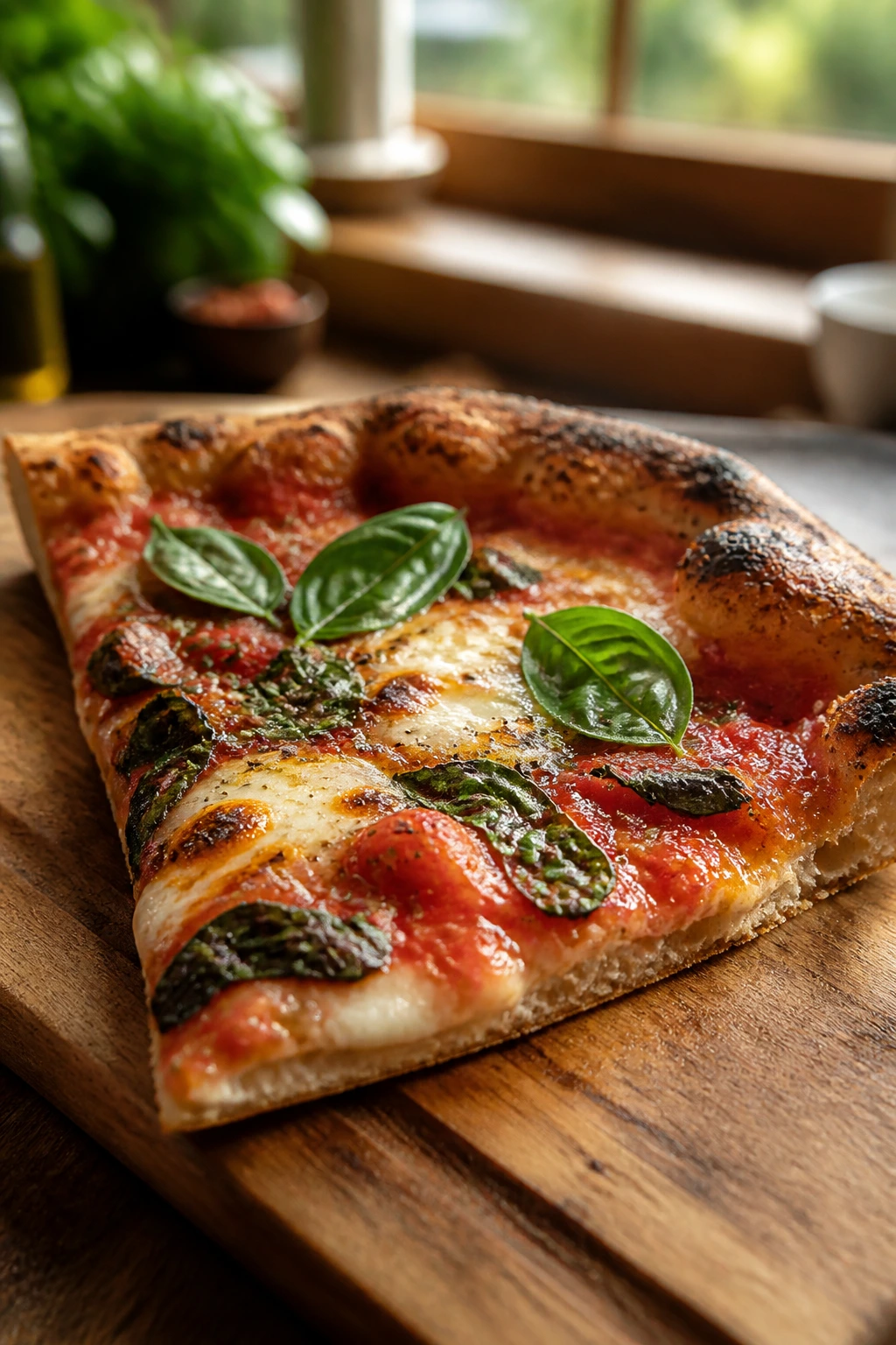 Close-up of a herb-topped pizza slice on a wooden board