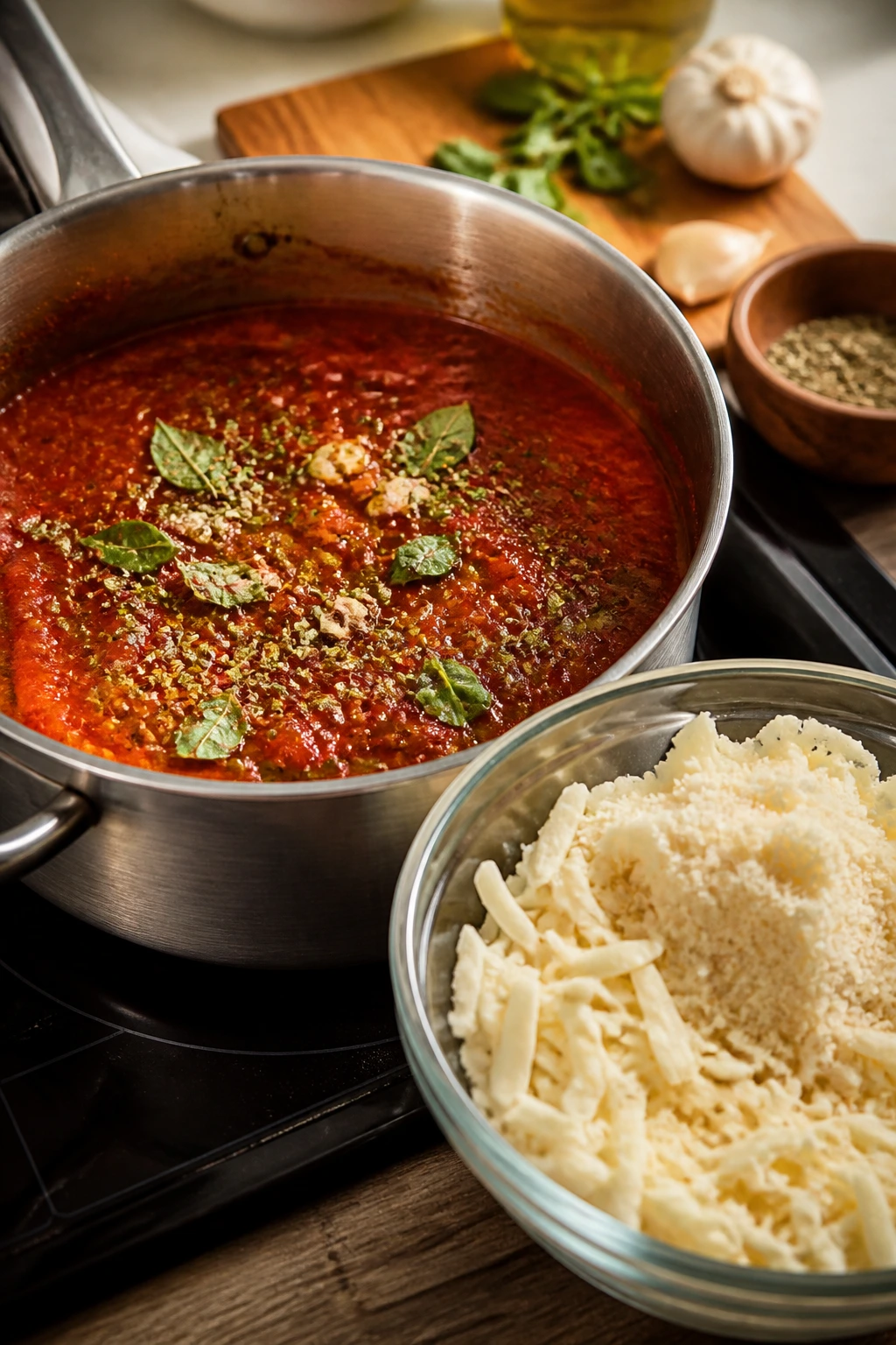 Sauce in a pan with herbs and a cheese filling nearby