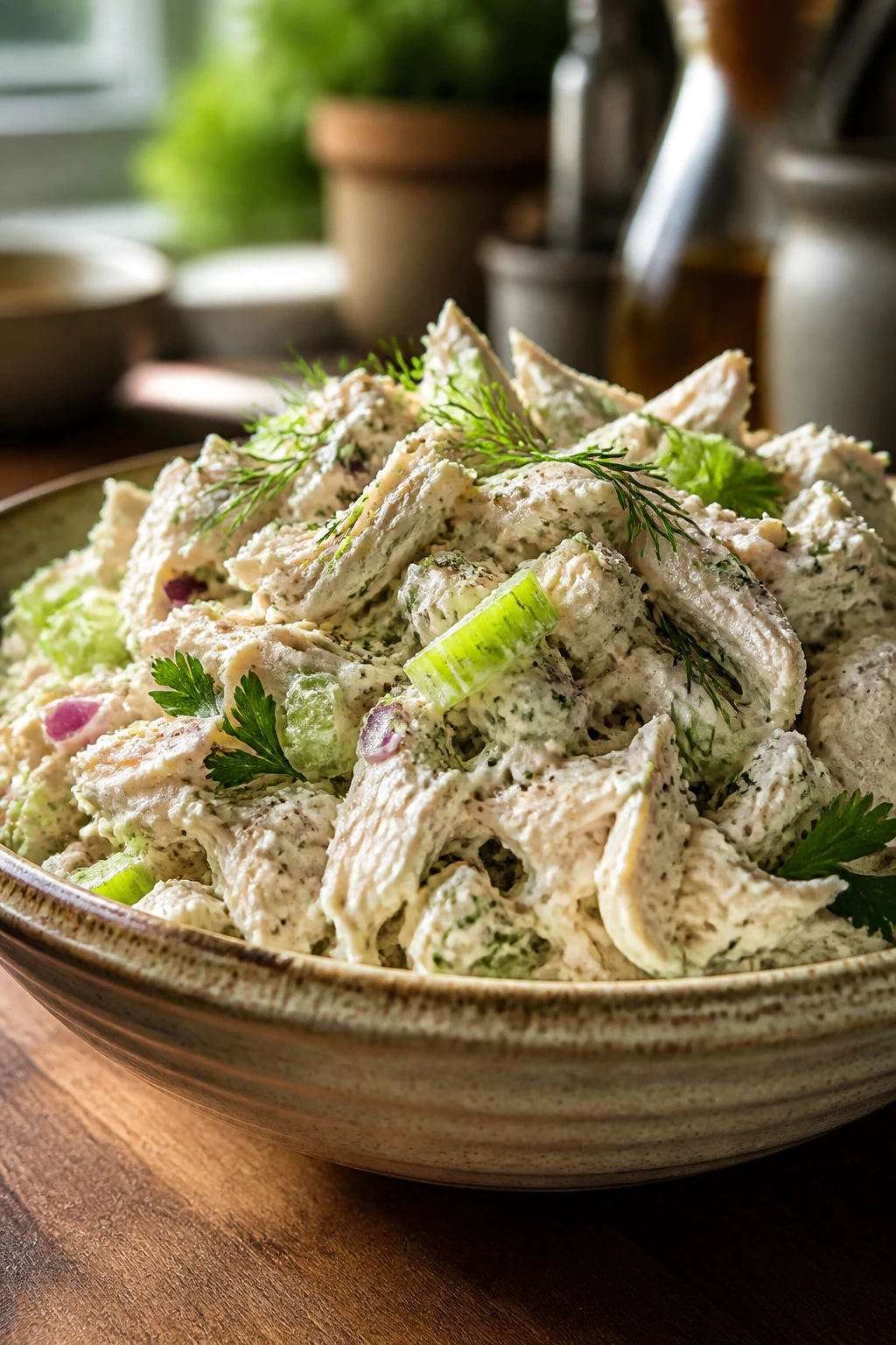 Close-up of herbed Greek yogurt chicken salad in a rustic bowl, with celery and herbs, in a warm kitchen.