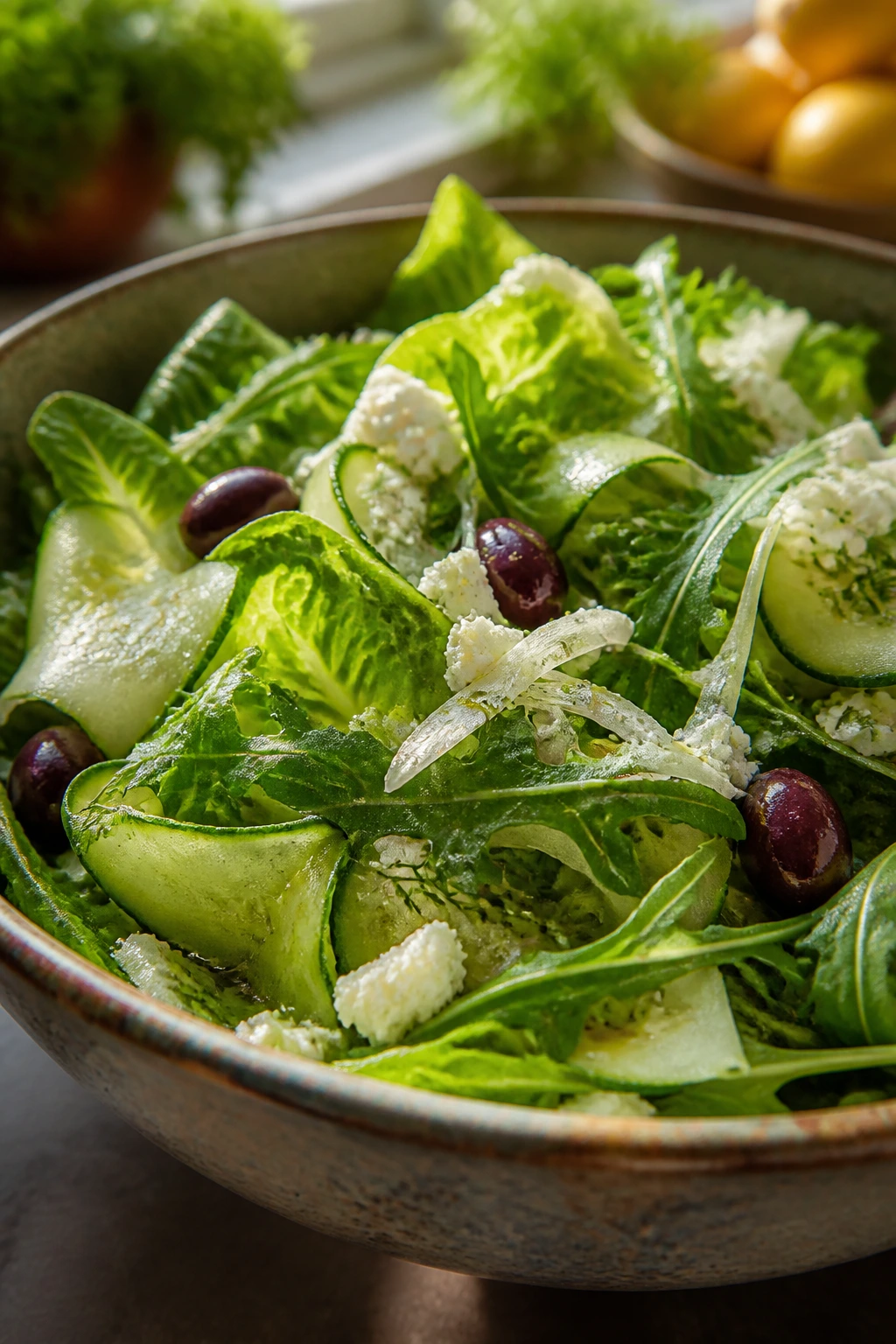 Close-up of bruise-free herb salad in a rustic bowl with glossy greens