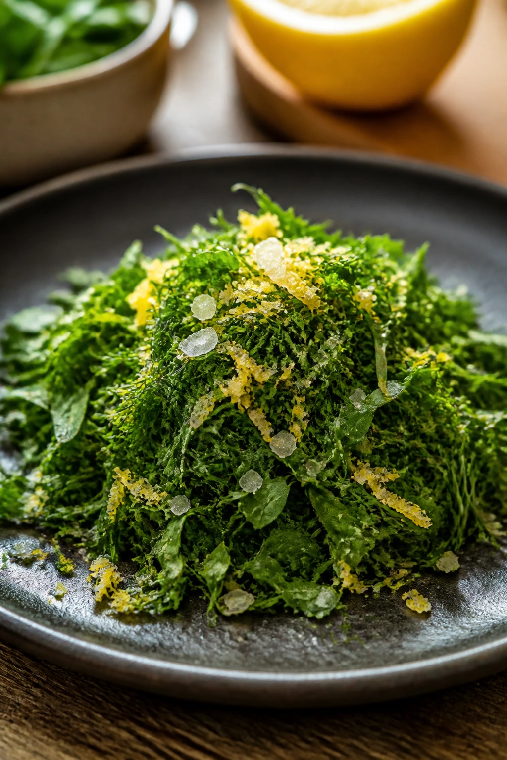 Close-up of fresh herbs with lemon zest on a plate