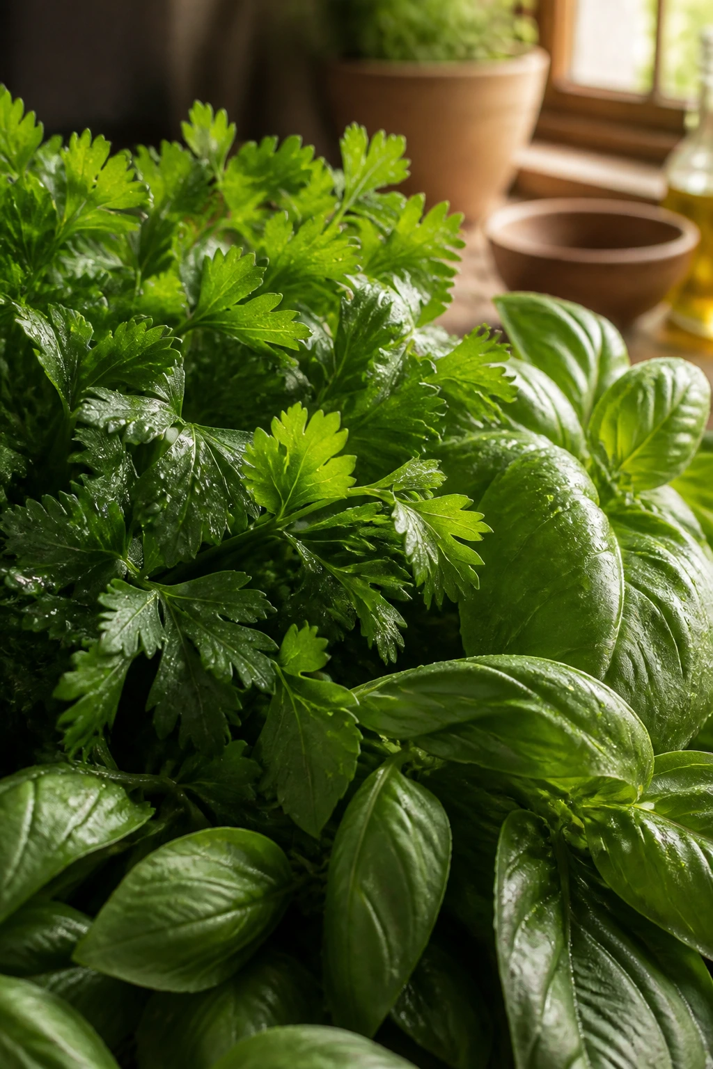 Close-up of fresh parsley and basil leaves in a sunlit rustic kitchen