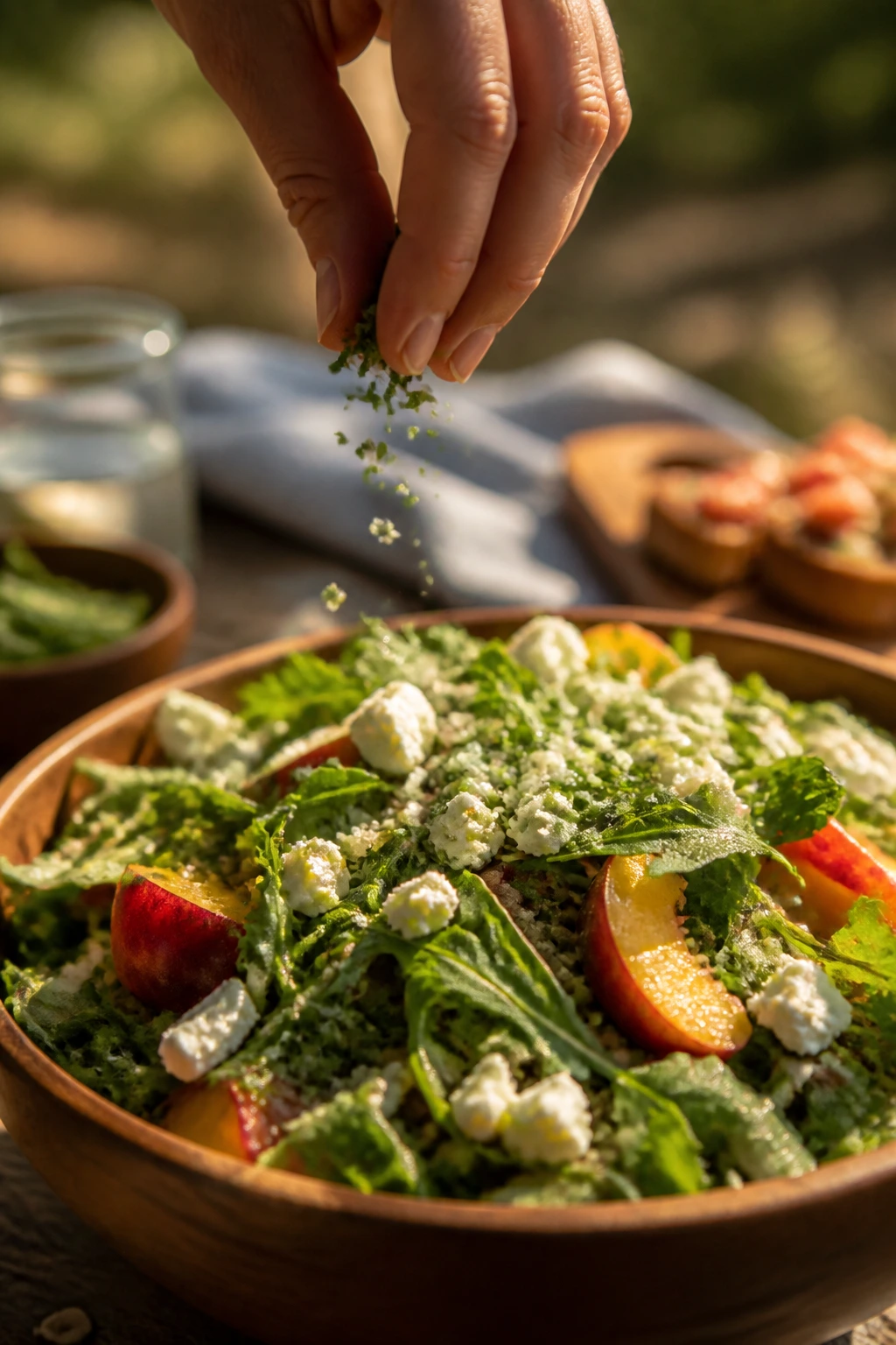 Fresh herbs being sprinkled with salt over a bright salad outdoors.