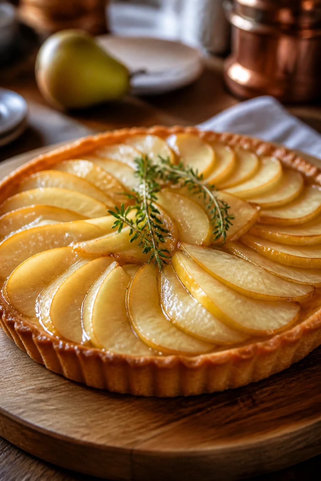 Pear tart with thyme garnish on wooden board