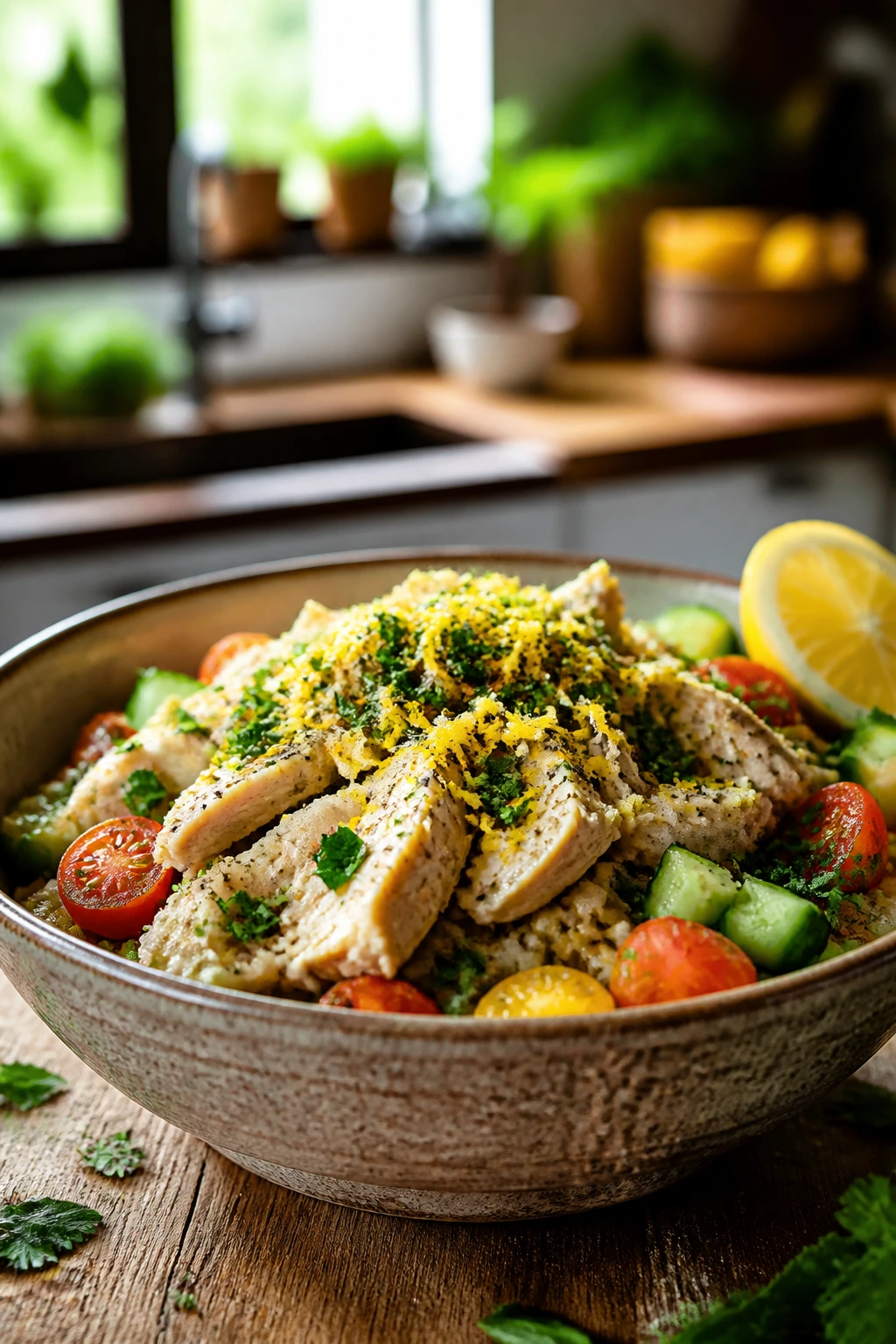 Herby lemon chicken bowl with herbs and lemon zest