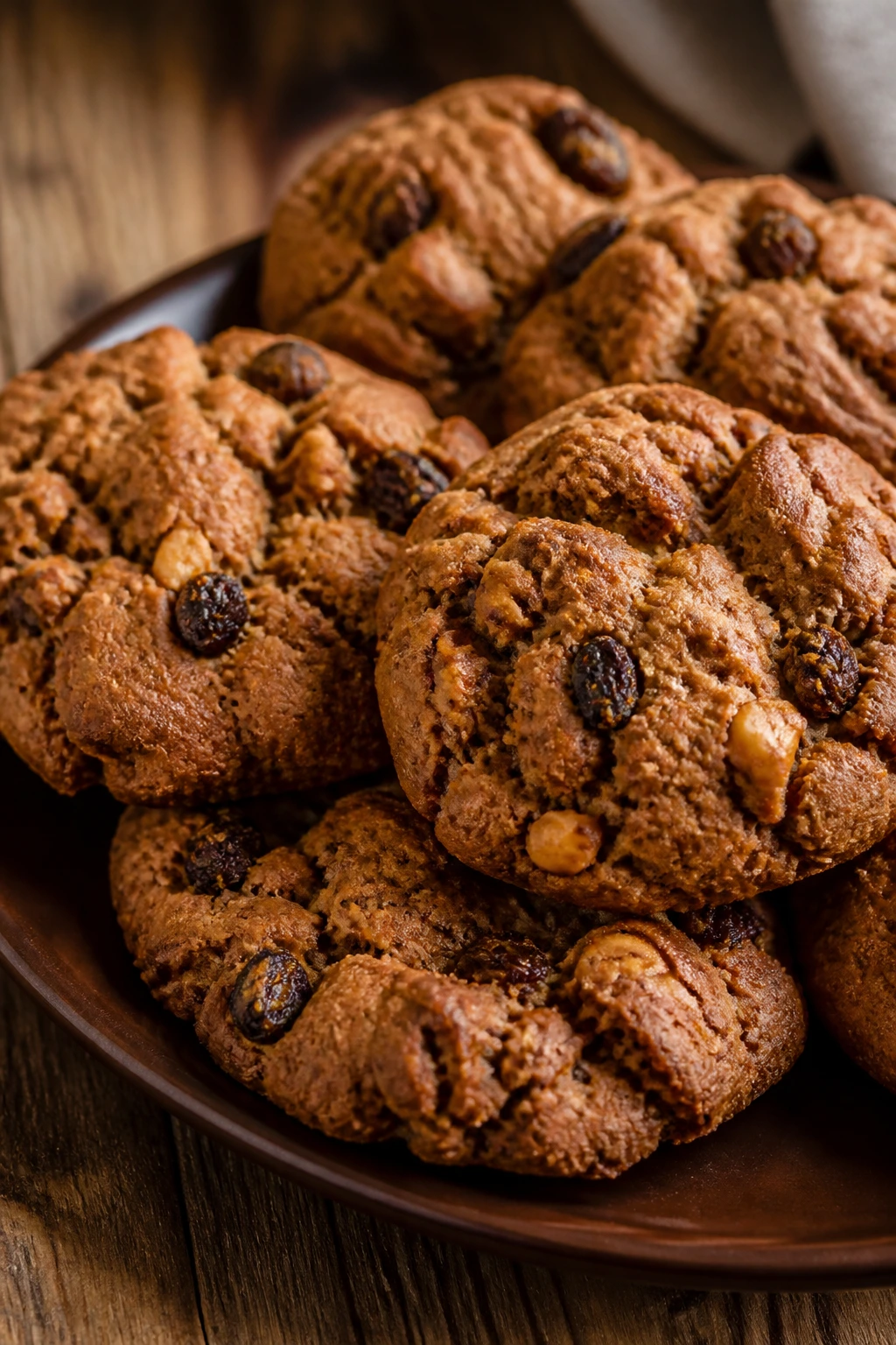 Dense Hermit cookies with raisins on a plate in a rustic kitchen
