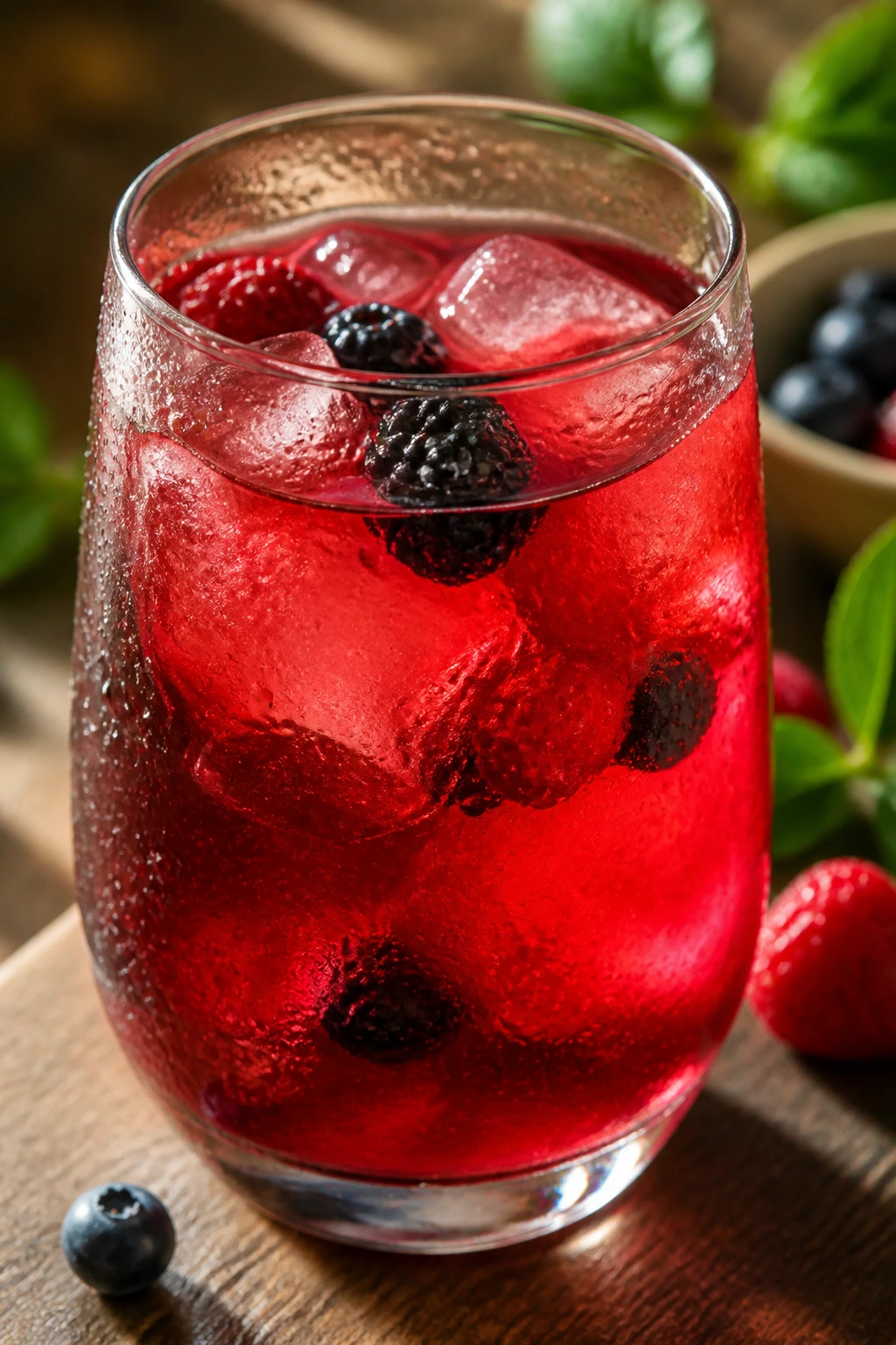 Glass of hibiscus berry iced tea with berries