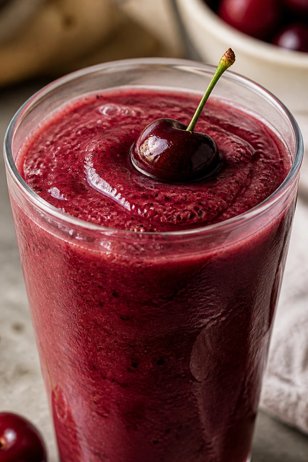 Close-up of deep ruby hibiscus cherry coconut smoothie in a glass with a cherry on top