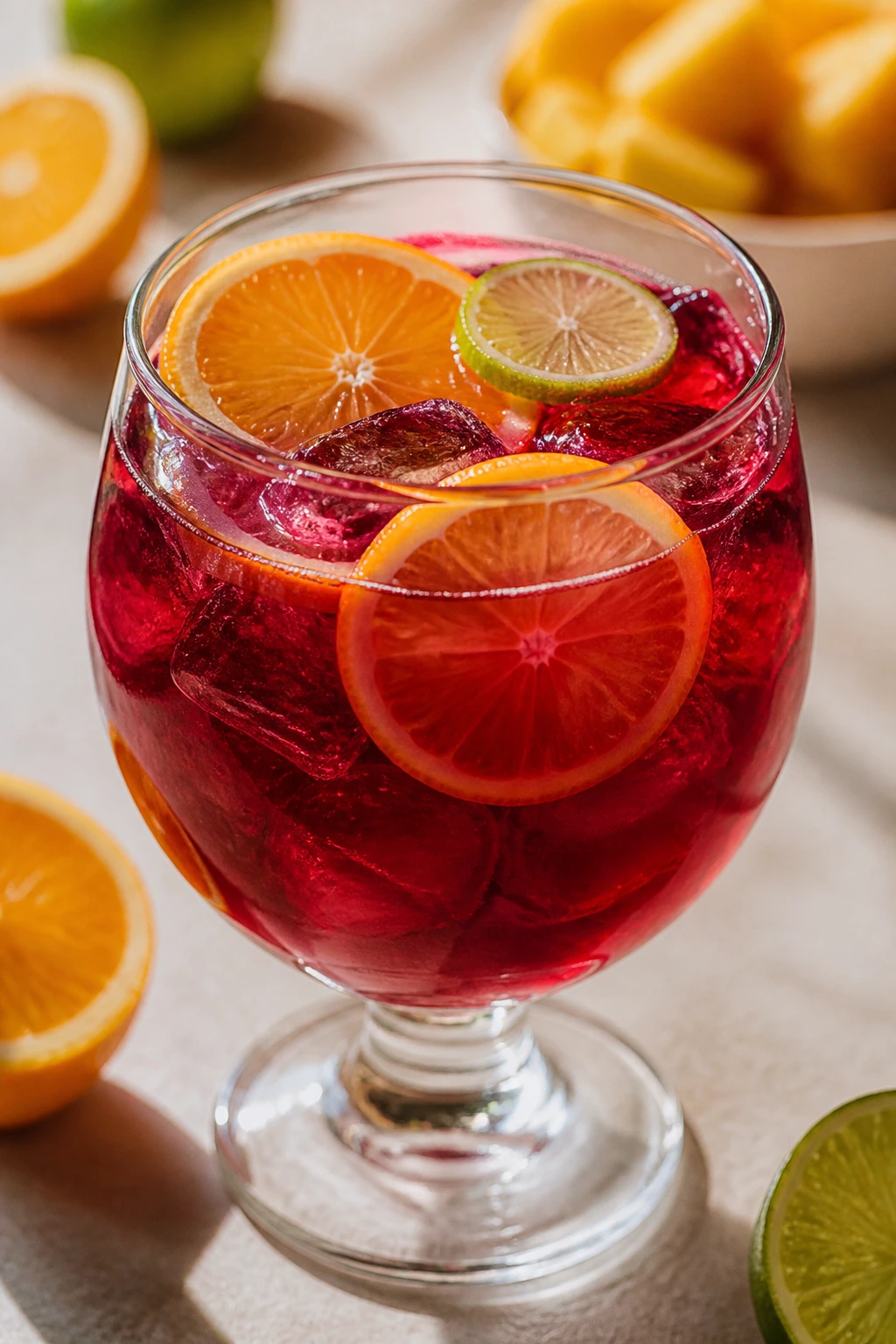 Red hibiscus citrus punch in a glass with citrus garnish