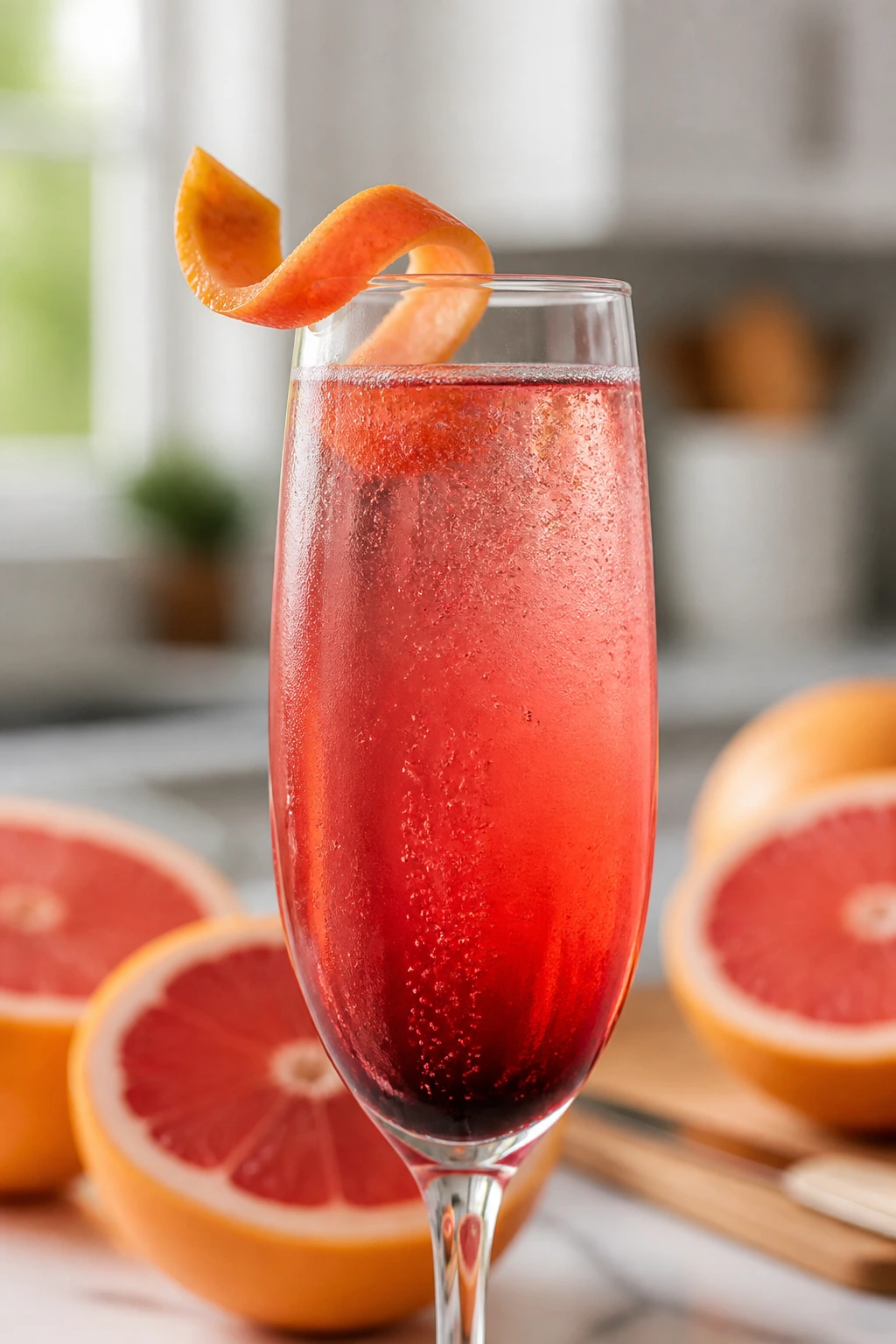 Close-up of Hibiscus Grapefruit Mimosa in a flute with grapefruit peel twist