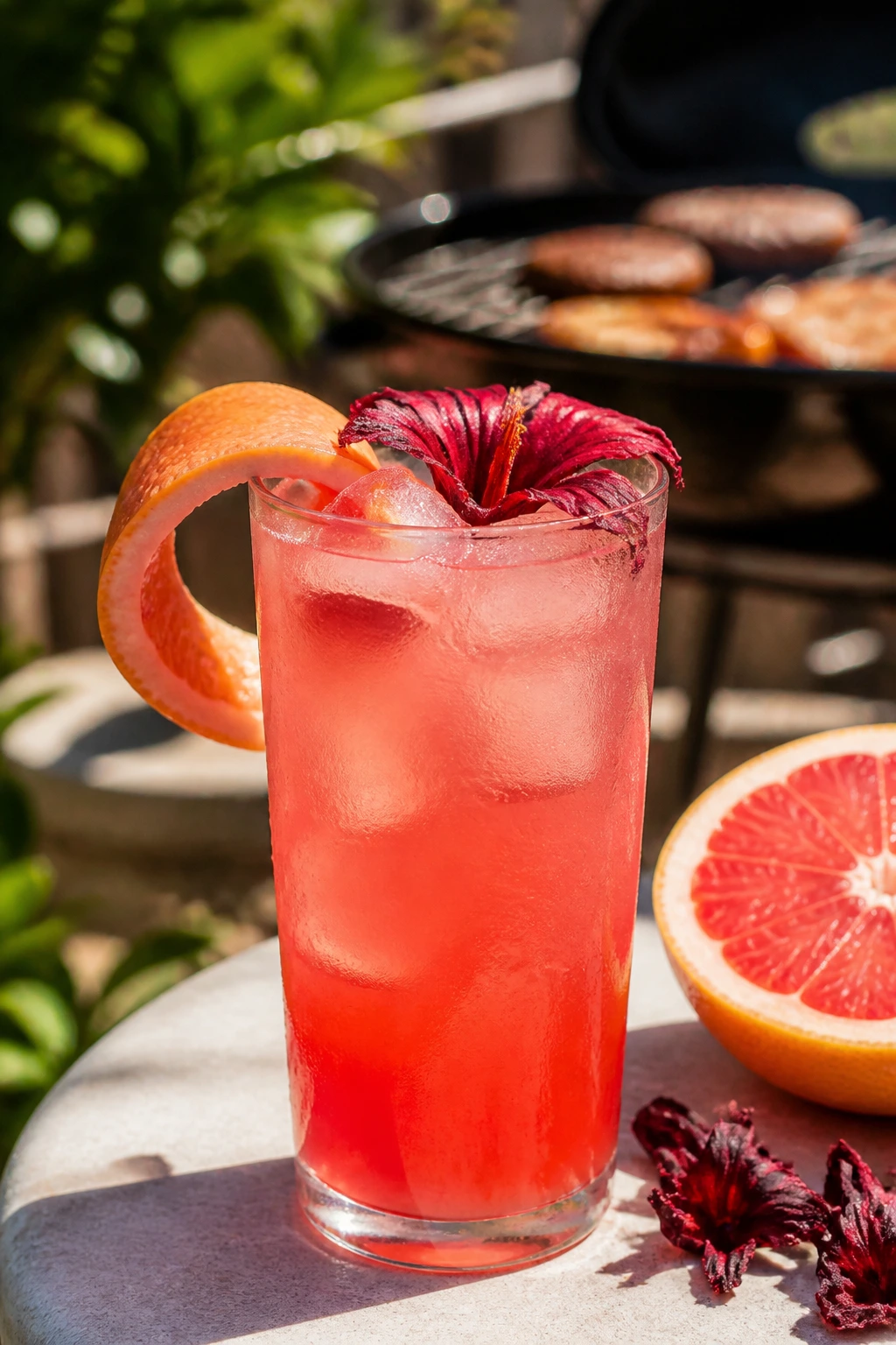 Pink hibiscus grapefruit mocktail in a glass on a sunlit patio