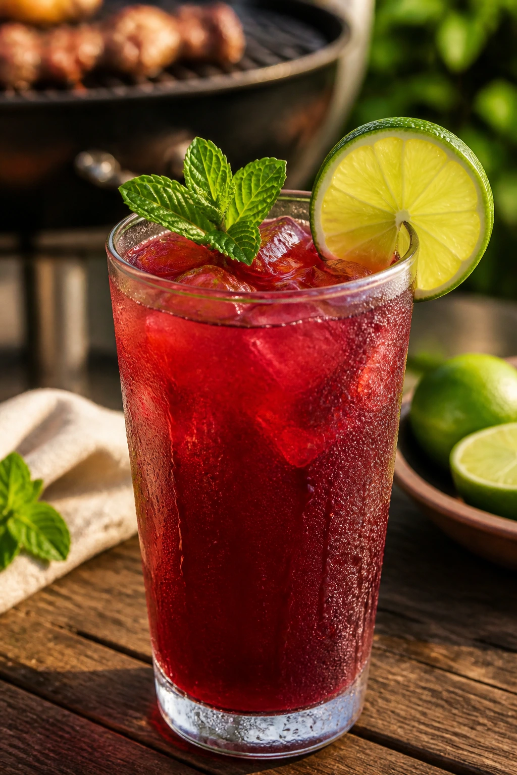 Close-up of ruby-red hibiscus lime iced tea in a glass with lime and mint on a grill-side patio