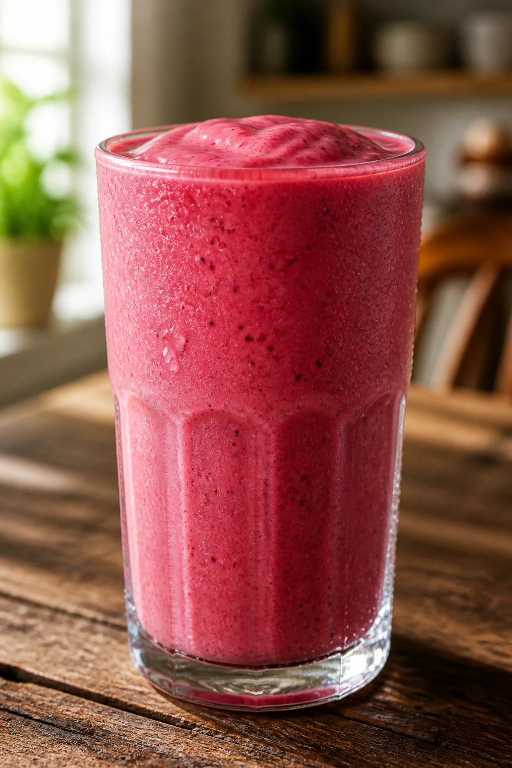Close-up of a deep pink hibiscus kefir smoothie in a glass on a wooden counter