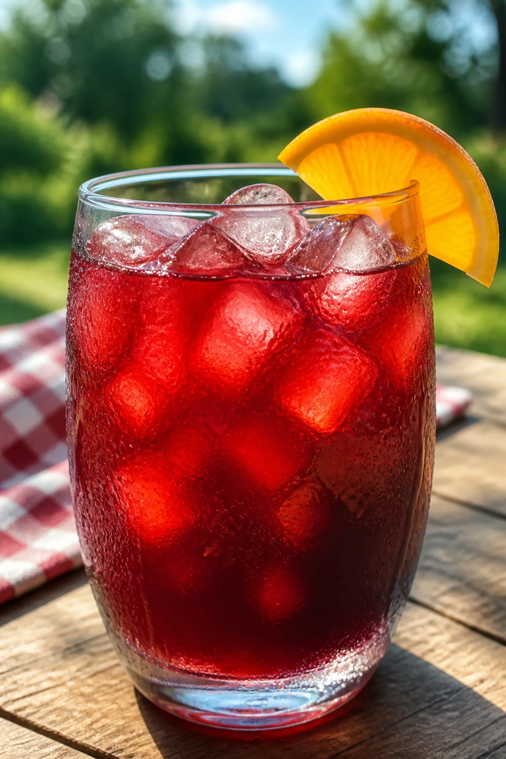 Glass of hibiscus orange cooler with orange slice on a sunny picnic table