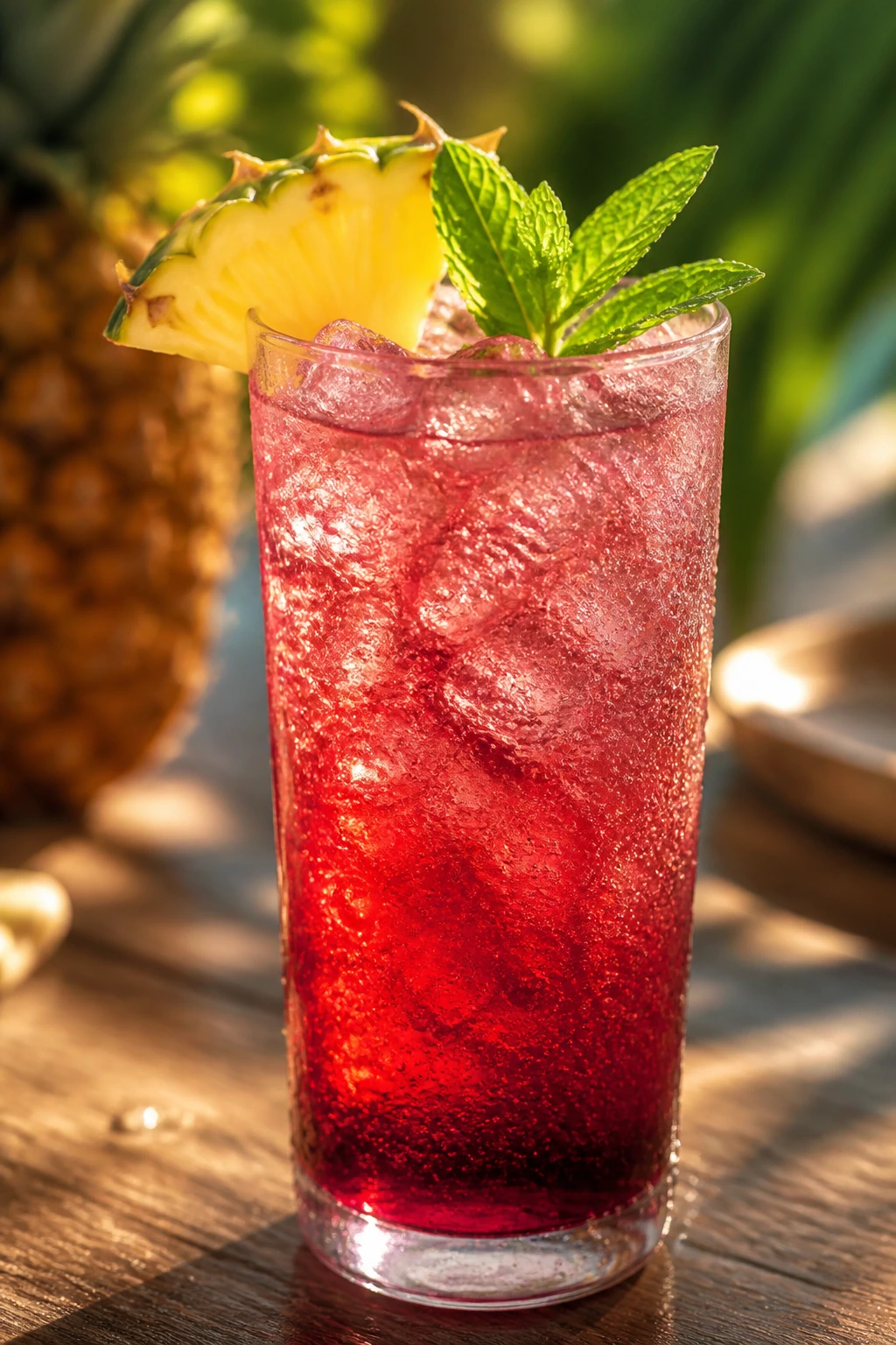 Close-up of Hibiscus Pineapple Spritz in ruby glass on a sunlit tropical patio