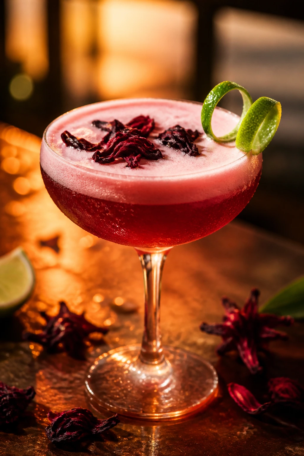 Hibiscus rum sour in coupe with foam and lime twist