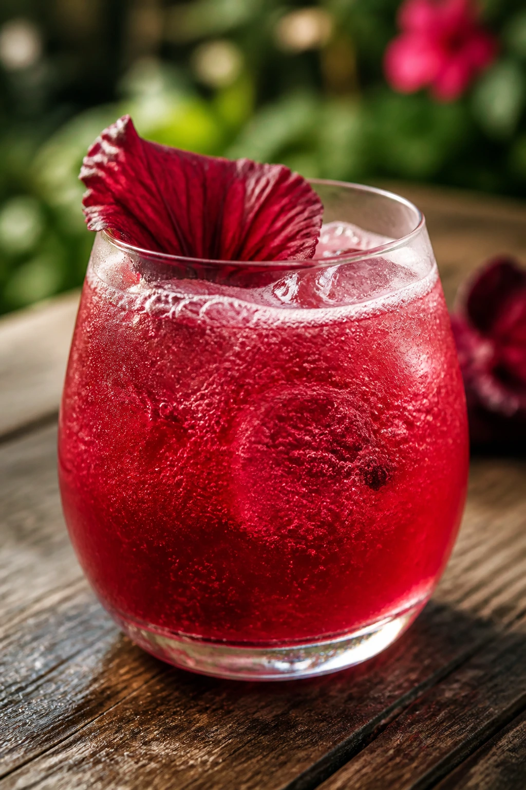 Close-up of Hibiscus Sparkling Rum Punch in a glass with hibiscus petals on a sunny table