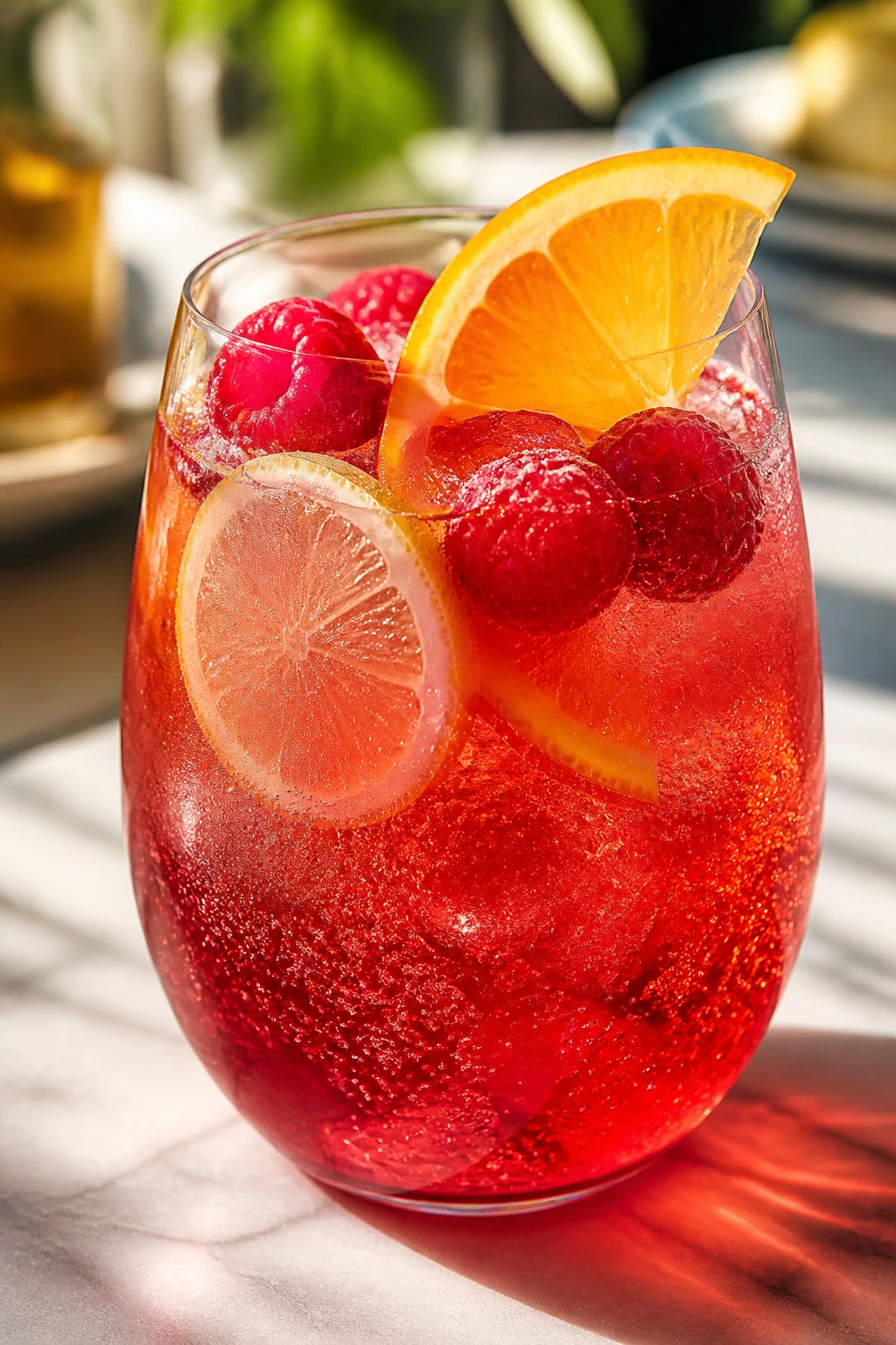 Glass of hibiscus citrus spritz with orange and raspberries on a sunlit table