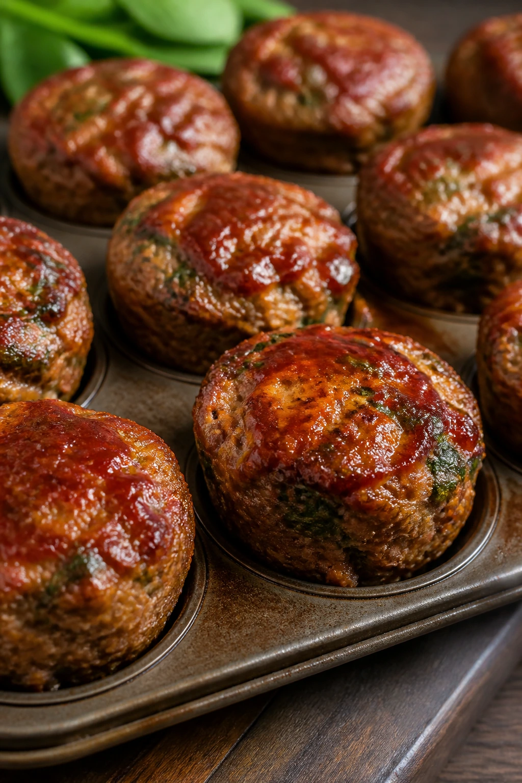 Tray of meatloaf muffin cups with glaze on a kitchen counter