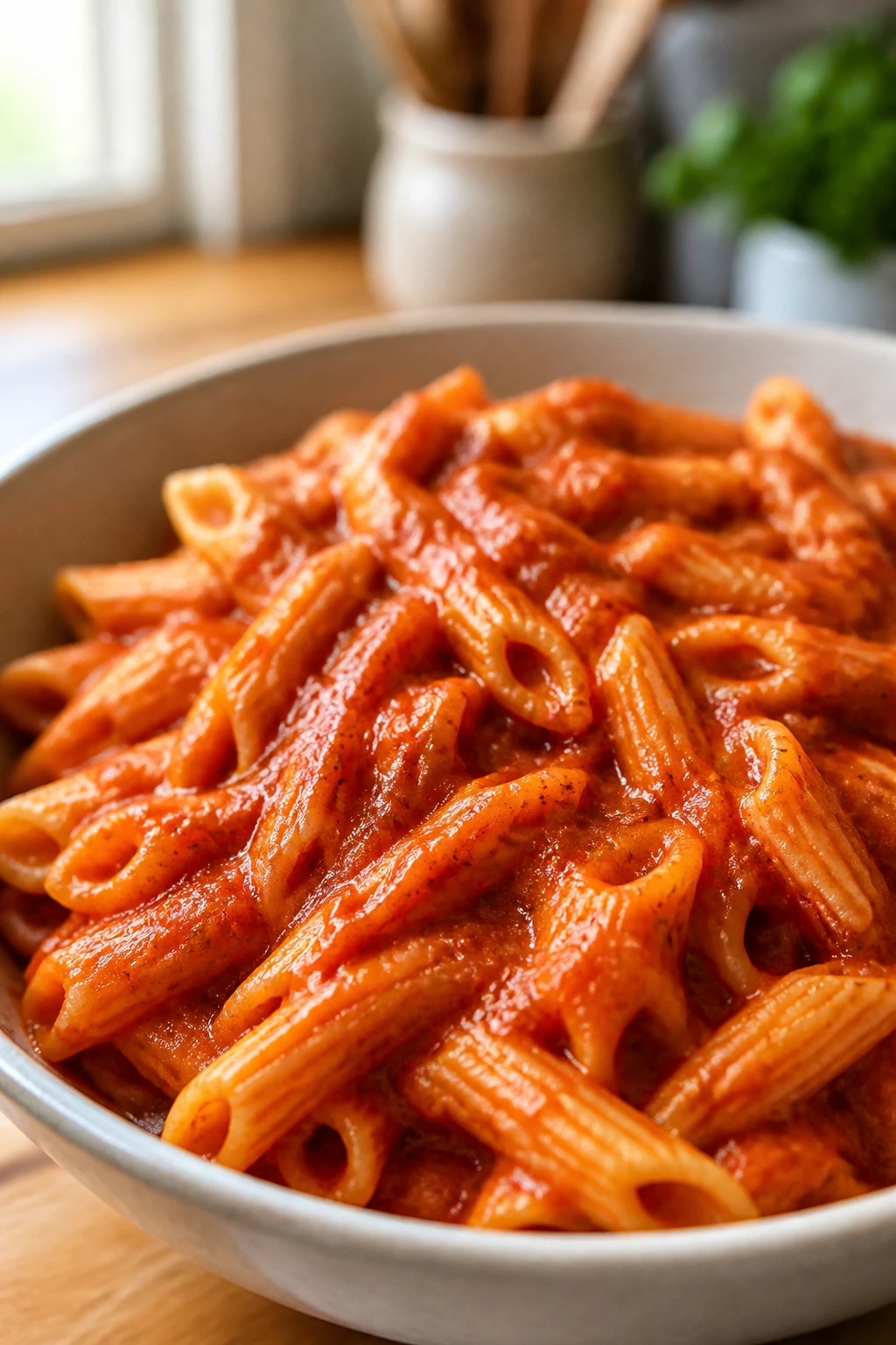 Smooth red tomato pasta in a bowl with glossy sauce