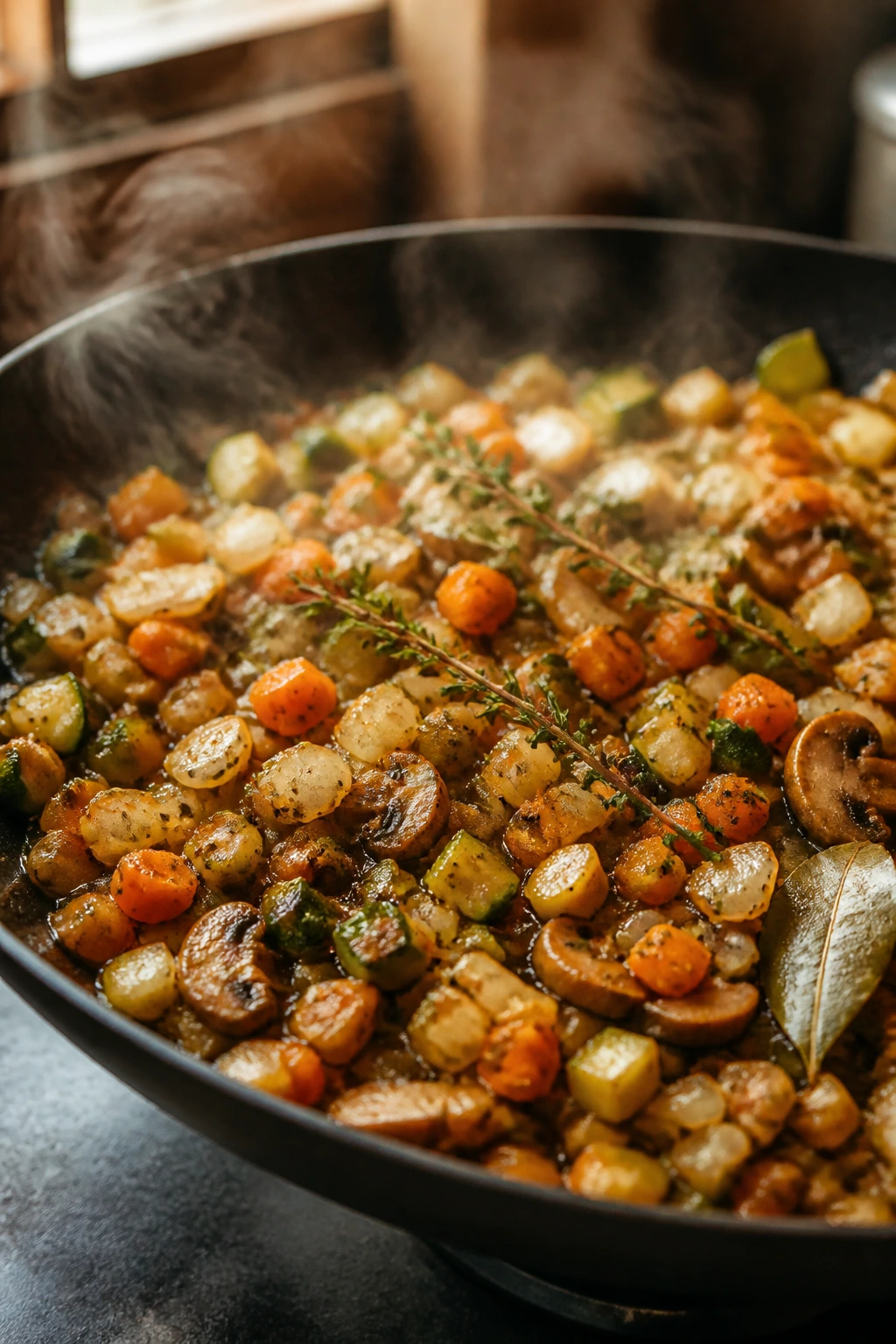 Close-up of sautéed hidden vegetables (carrot, onion, zucchini, mushroom) in a pan
