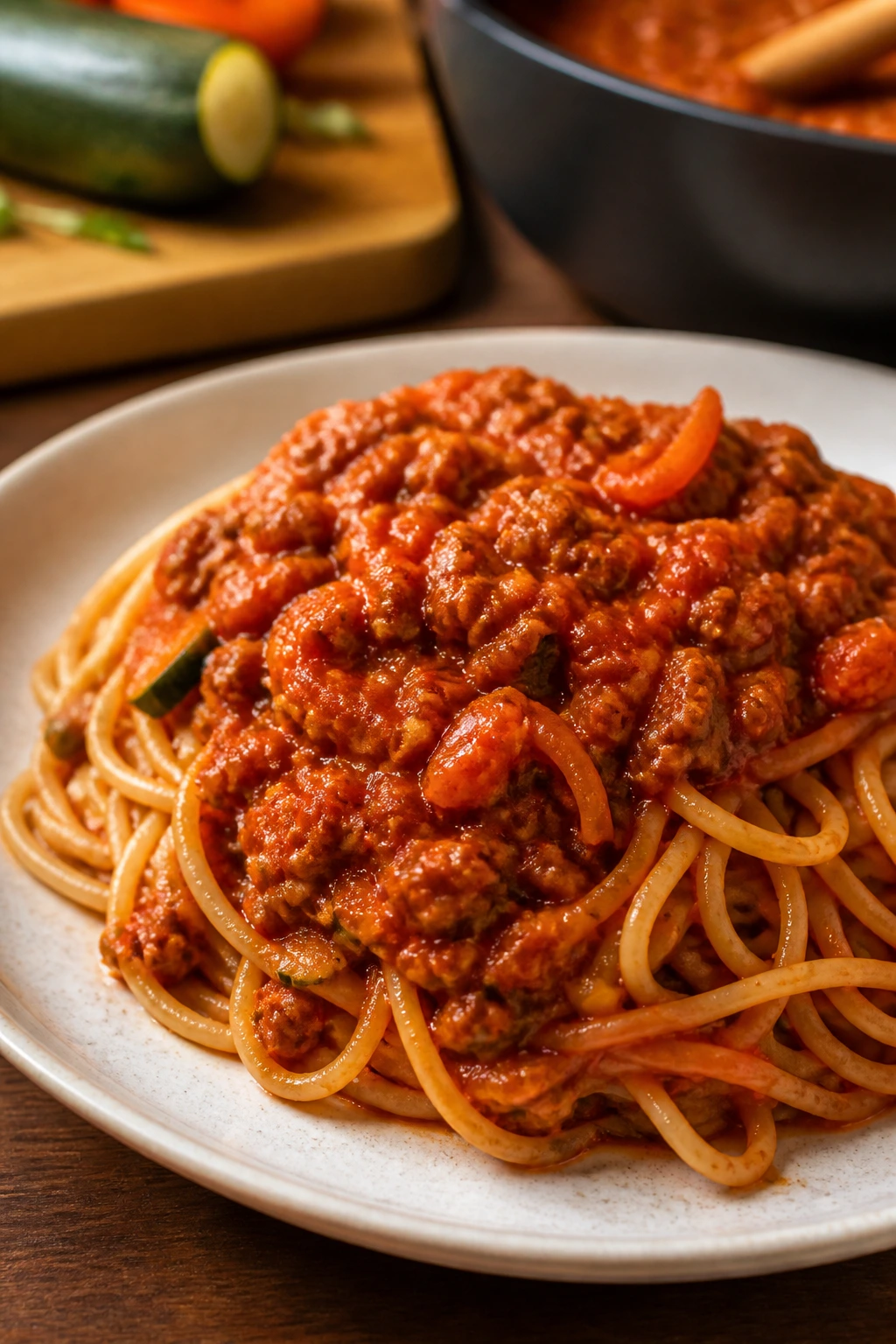 Plate of whole-wheat spaghetti with tomato sauce and hidden grated vegetables.