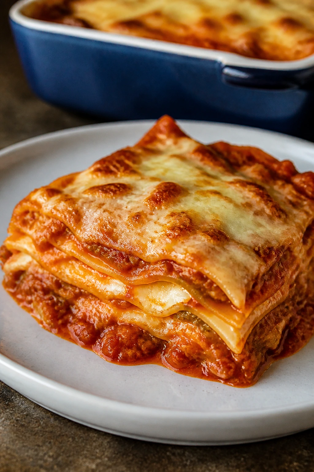 Slice of lasagna with cheese and sauce hiding vegetables, kitchen setting.